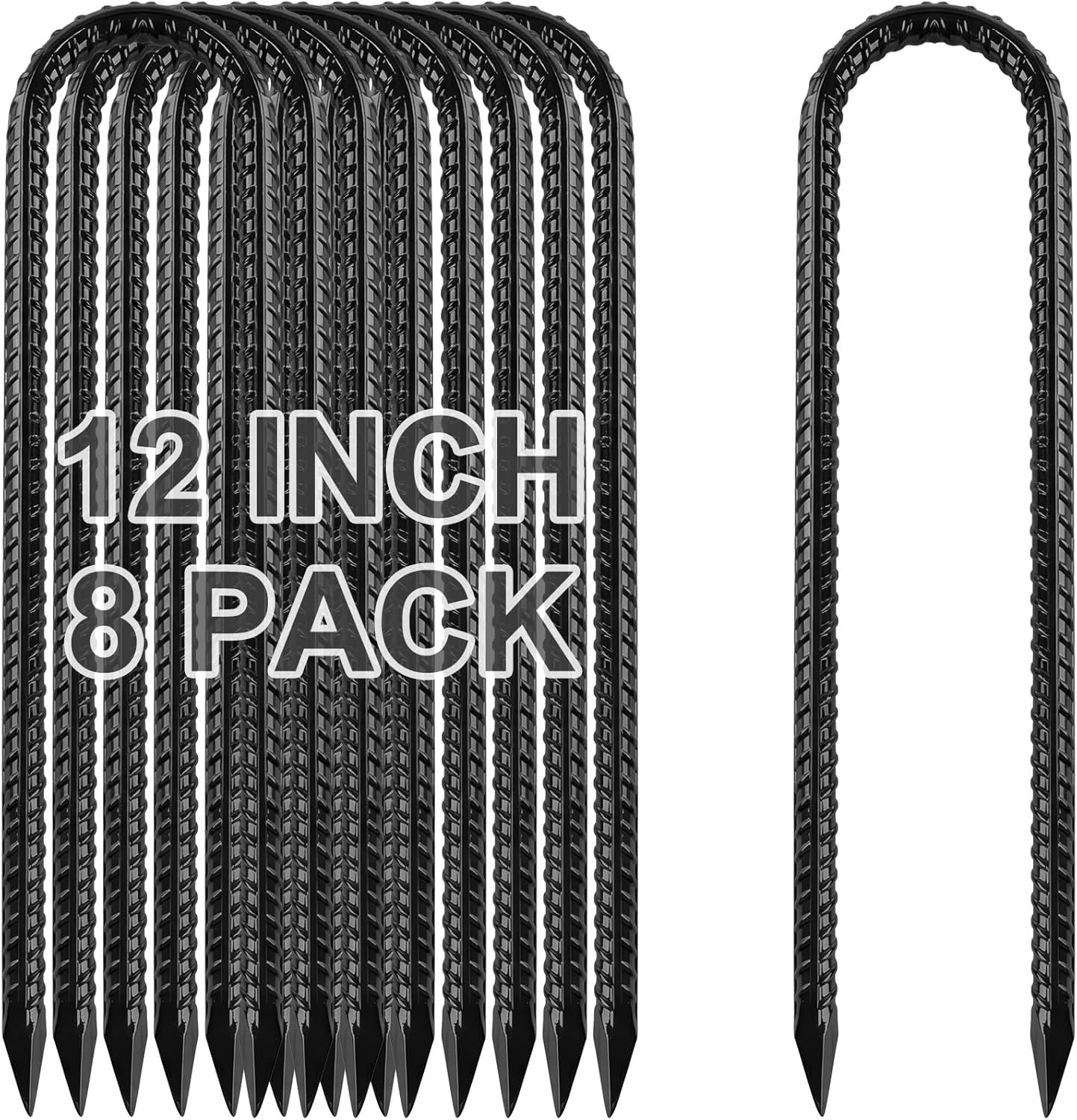 x-vesolje 12 Inch Trampoline Stakes, Heavy Duty Trampoline Anchors, Tent Stakes Heavy Duty, U Hook Ground Anchors, Trampoline Stakes Anchors High Wind, Yard Stakes, Galvanized Steel (Black, 8-Pack)