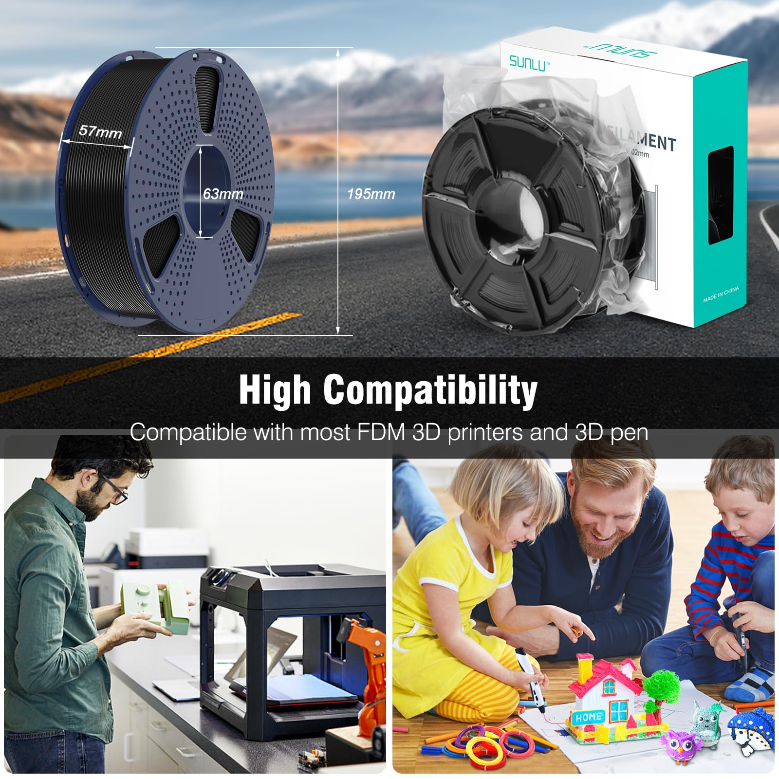 SUNLU ASA Filament 1,75 mm, Odporny na Promieniowanie UV/Deszcz/Ciepło Filament do Drukarek 3D, Wytrzymały Filament 3D, Szpula 1KG ASA Czarny
