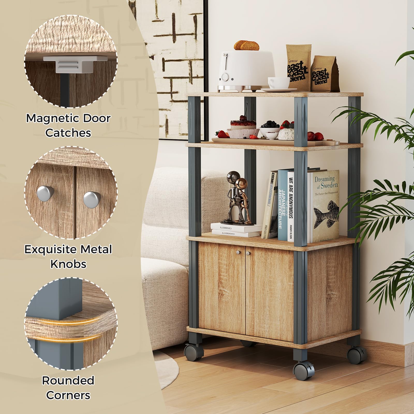 KOMFOTTEU Carrello da Cucina a 3 Livelli per Microonde, Carrello Portaoggetti con Ruote e Armadio con Porta, Carrello di Servizio in Legno, Organizer per Sala da Pranzo, 60 x 40 x 98 cm (Naturale)