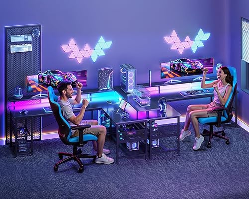 Miniatura 9 de ODK Escritorio para juegos en forma de L de 66 pulgadas con toma de corriente y luces LED, mesa de juegos de PC con textura de fibra de carbono,