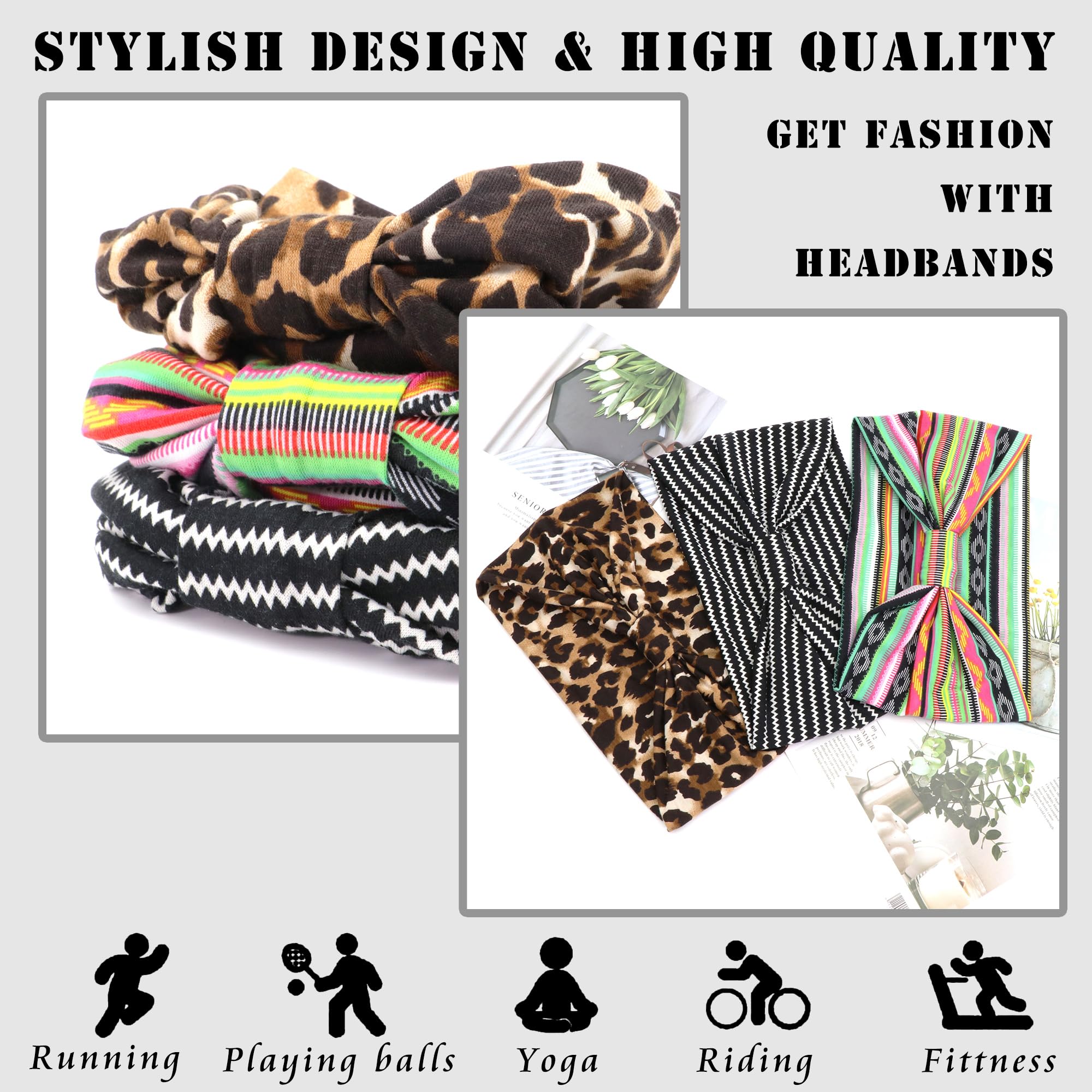 FULZTEY Lot de 3 bandeaux bohèmes à motif léopard, turban large noué à rayures, style africain, bandanas extensibles pour yoga, entraînement, accessoires de cheveux chics pour femmes et filles