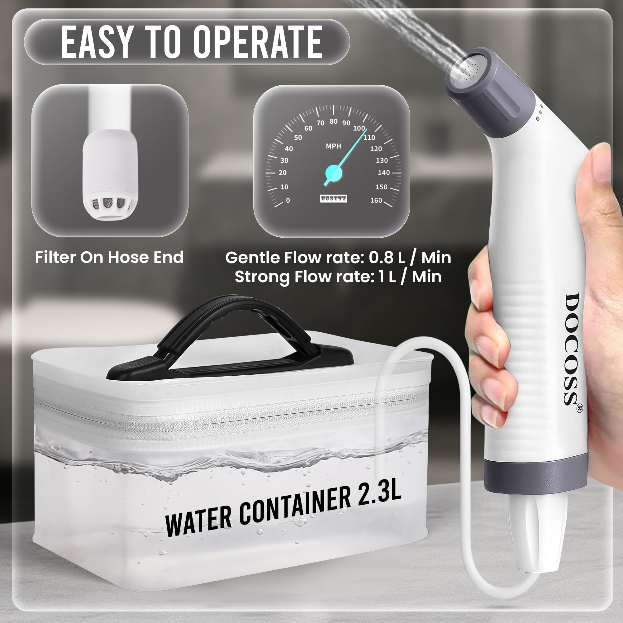 Docoss Electric Portable Jet Spray Bidet for Toilet for International Travel with 2.3L Water Tank – Rechargeable Portable Bidet Spray with 2 Modes(White)