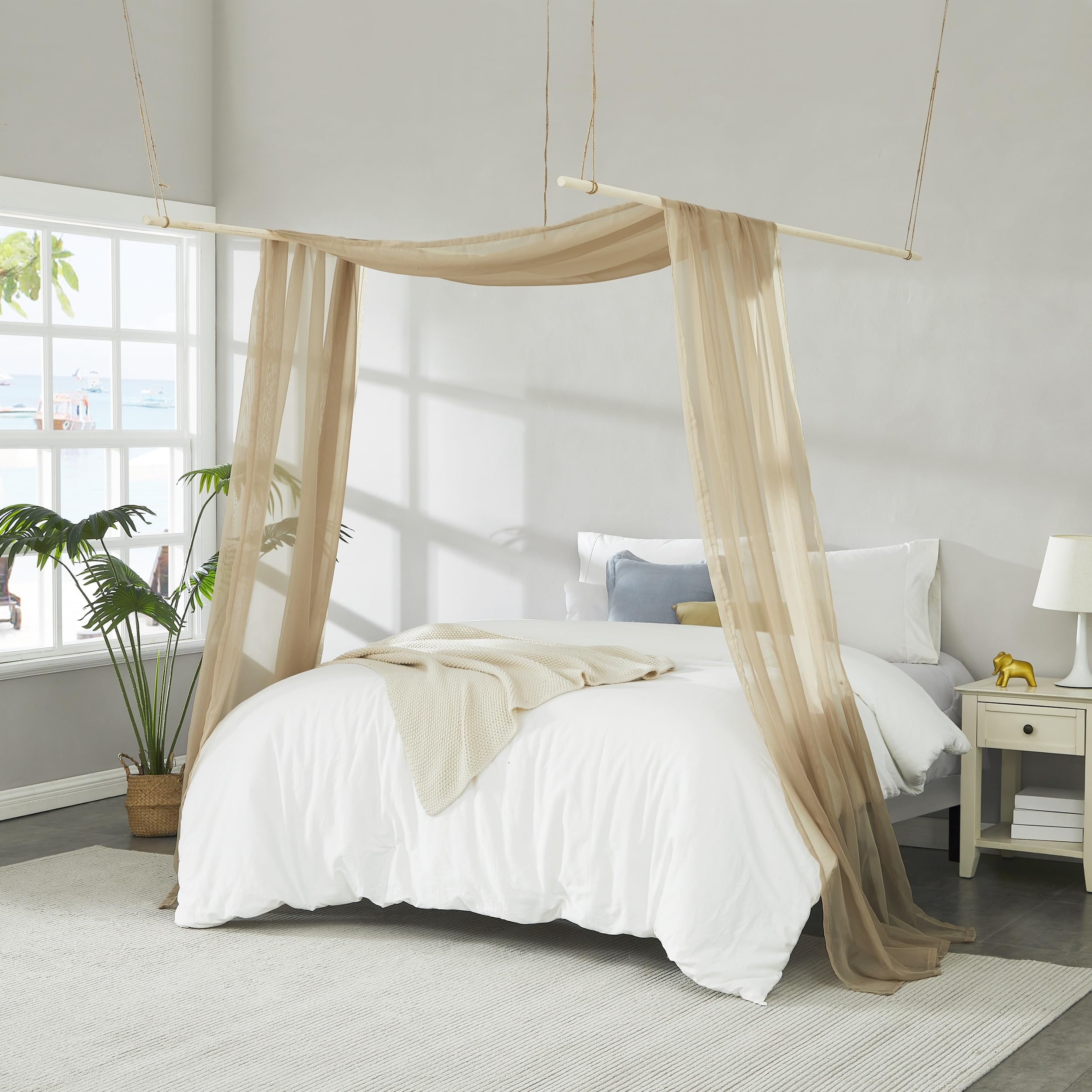 WARM HOME DESIGNS Set of 2 White & Brown Canopy Bed Curtains in 55 x 288 Inch (24 Feet) Size. 2 King Bed Canopy Curtains Can Be Turned Into Kids Bed Tent or Bed Canopy for Girls. BE White & Taupe 288