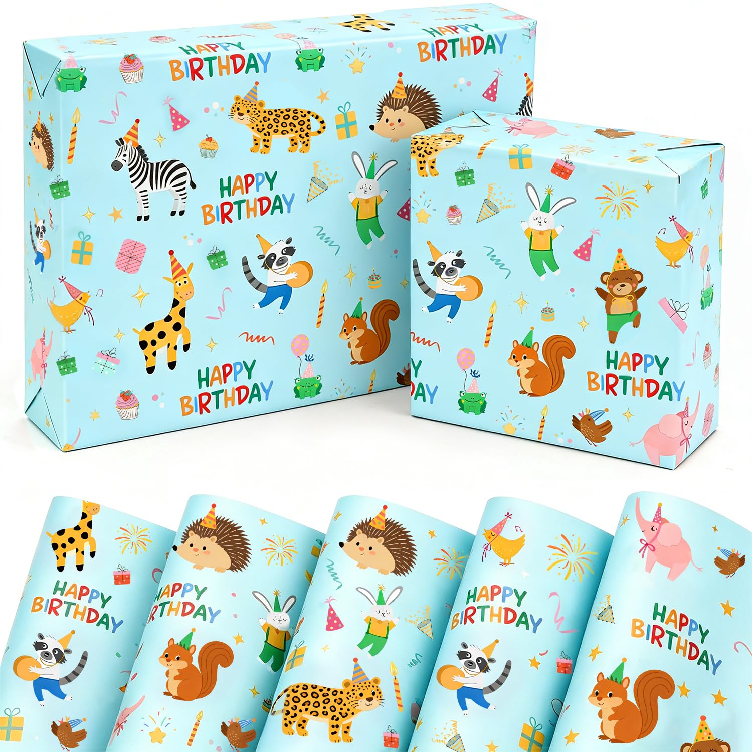 Birthday Wrapping Paper, Jungle Animal Party Theme Birthday Gift Wrap for Boys Girls Kids Party,5 Sheets 50x70cm Recyclable Wrapping Paper