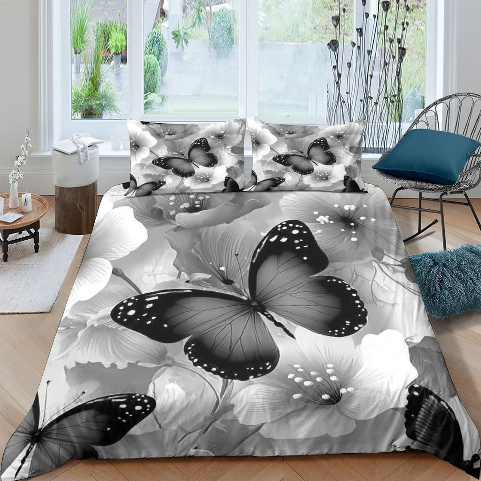 GPLZQXKJNH 3D Printed Black Butterfly Duvet Cover Set Microfiber Floral Bedding Set with 2 Pillowcases for Bedroom Decor Single（135x200cm）