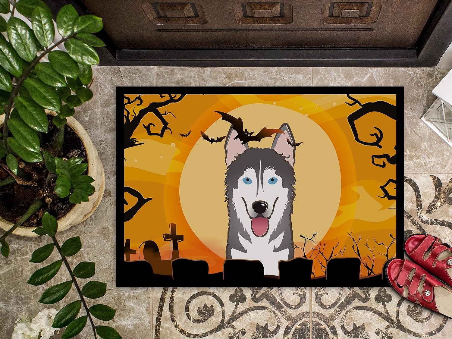 Caroline's Treasures BB1776JMAT Halloween Alaskan Malamute Doormat 24x36 Front Door Mat Indoor Outdoor Rugs for Entryway, Non Slip Washable Low Pile, 24H X 36W