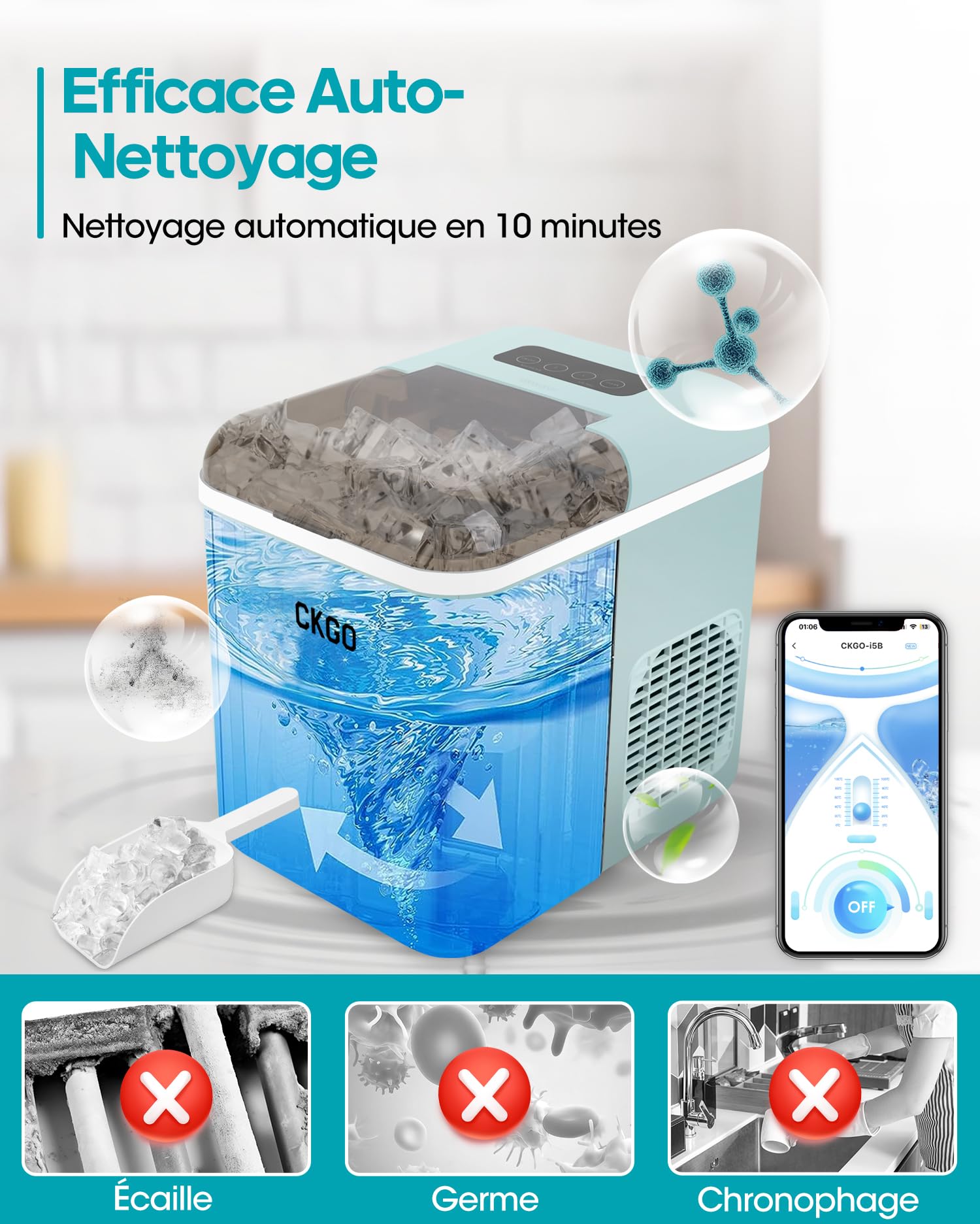 Máquina de hielo inteligente, 2 tamaños de hielo, máquina Wi-Fi, control por aplicación, autolimpiante, máquina de hielo, 15 kg en 24 horas, 9 cubitos de hielo en 6-10 minutos, encimera para