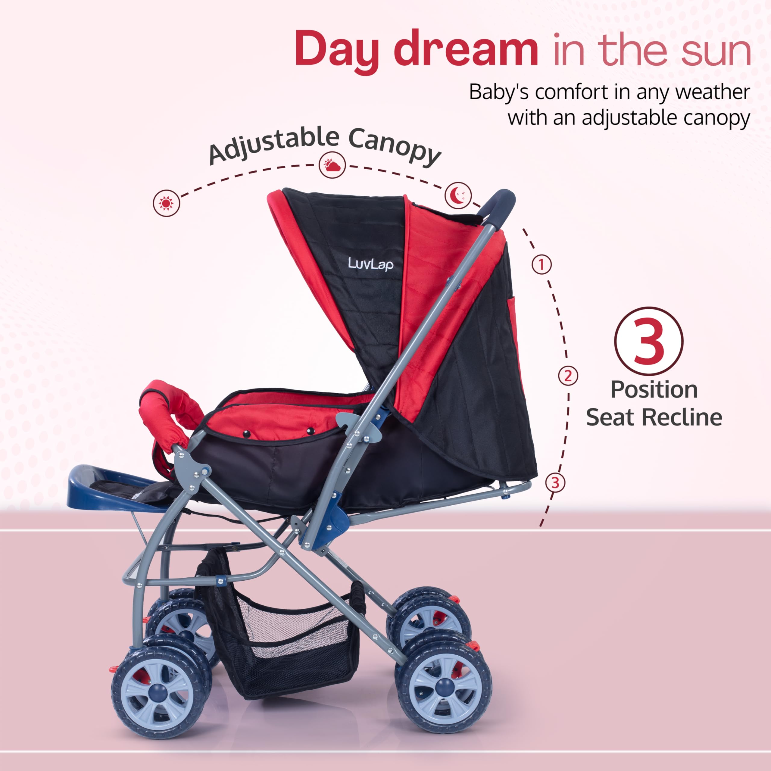 LuvLap Starshine Baby Stroller/Pram for 0 to 3 Years, New Born/Toddler/Kid, Lightweight, Adjustable backrest, 360° Swivel Wheel, Large Storage Basket, Reversible Handlebar (Red) 1