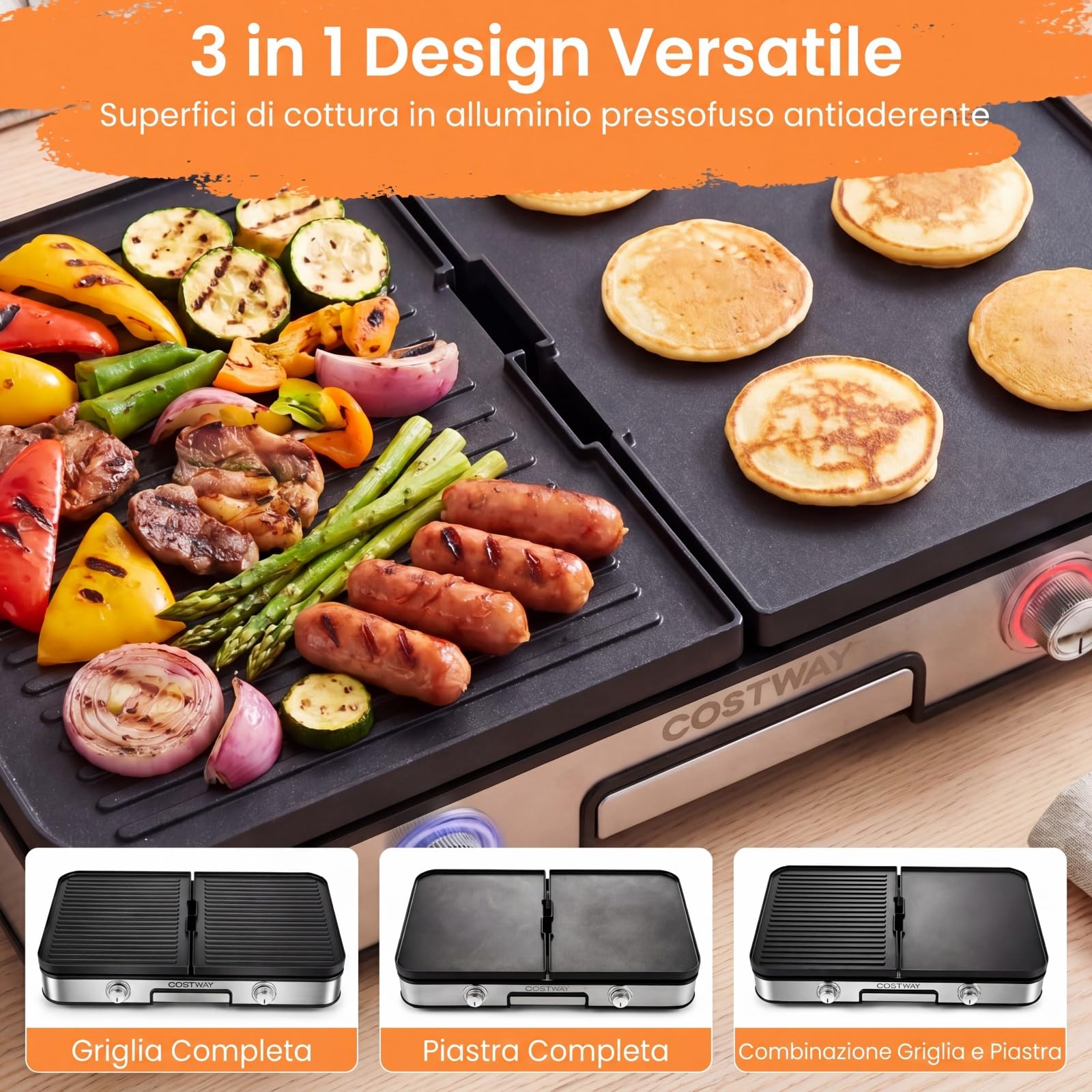 COSTWAY 3 in 1 Griglia Barbecue Elettrica, 2000W Piastra Grill Elettrica con 2 Piastre Reversibili, 2 Manopole per Controllo della Temperatura, Griglia da Tavolo Antiaderente per BBQ e Campeggio