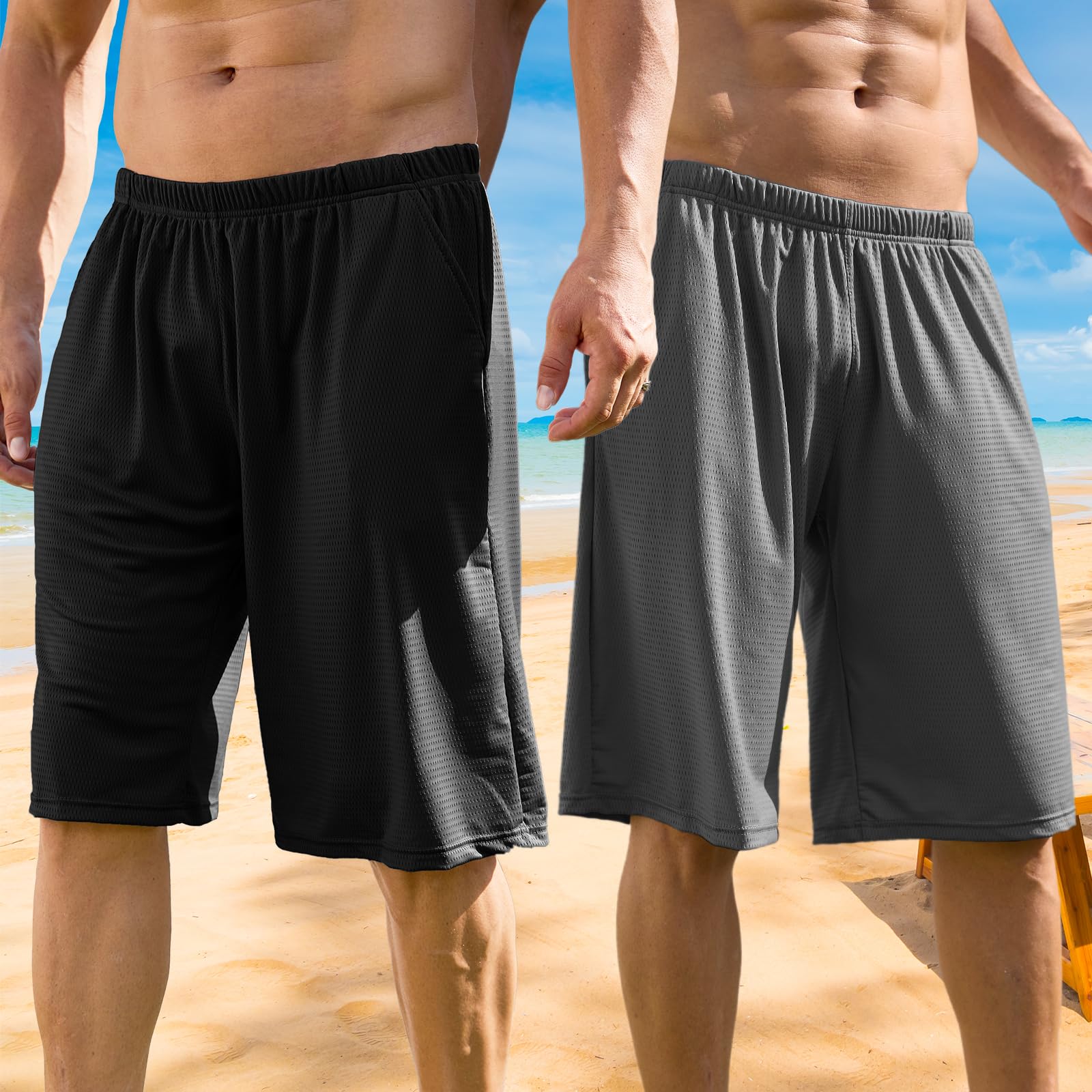 Mens Athletic Running Shorts 2 Pack Quick Dry with Pockets Workout Gym Shorts for Men Mesh Swim Trunks