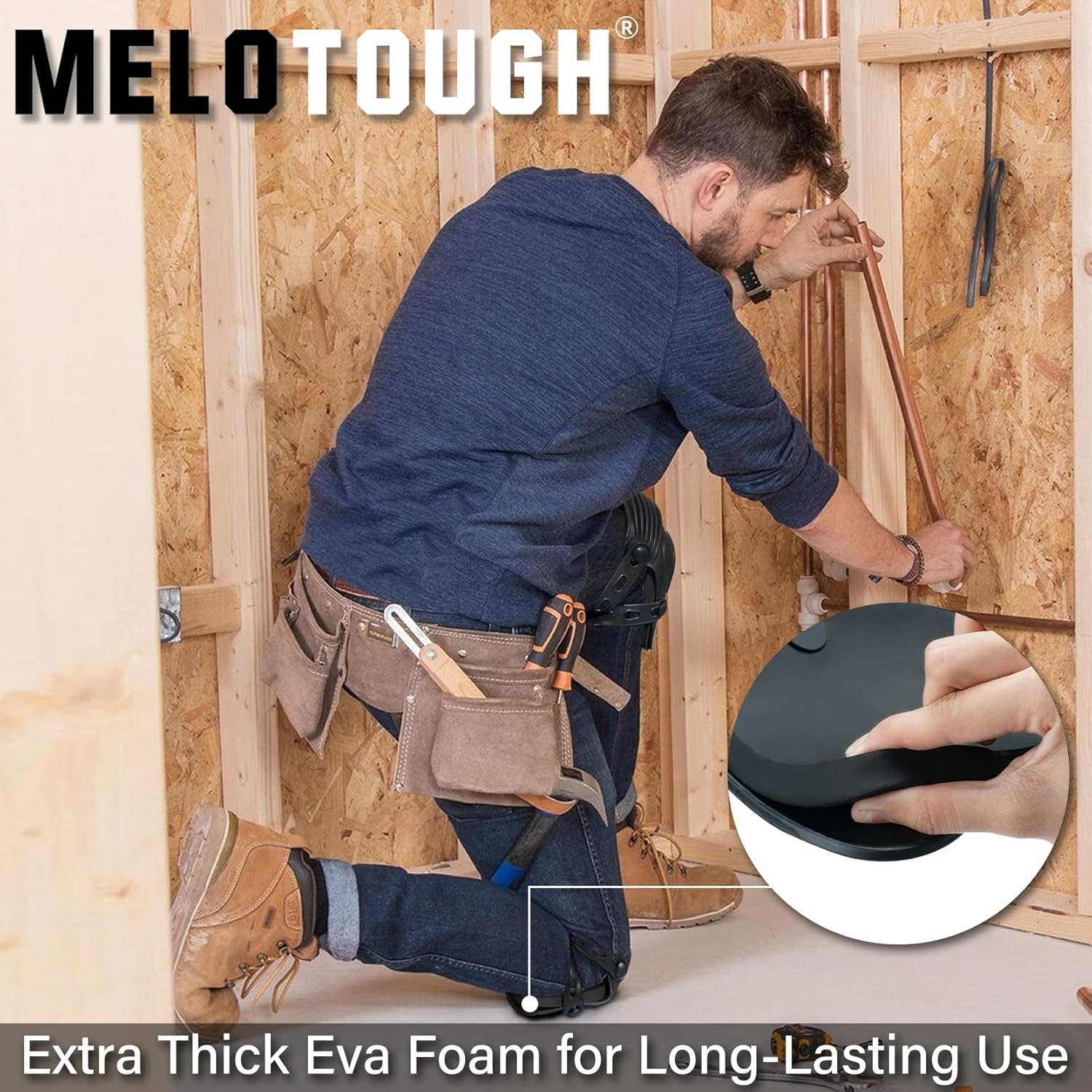 MELOTOUGH Work Knee Pads, Mini Kneeling Pads with Badge Reel for Work, 1" Thick Soft NBR Foam Kneeling Pad for Mechanics, Construction, Electricians, Plumbers - Portable & Comfortable (Black)