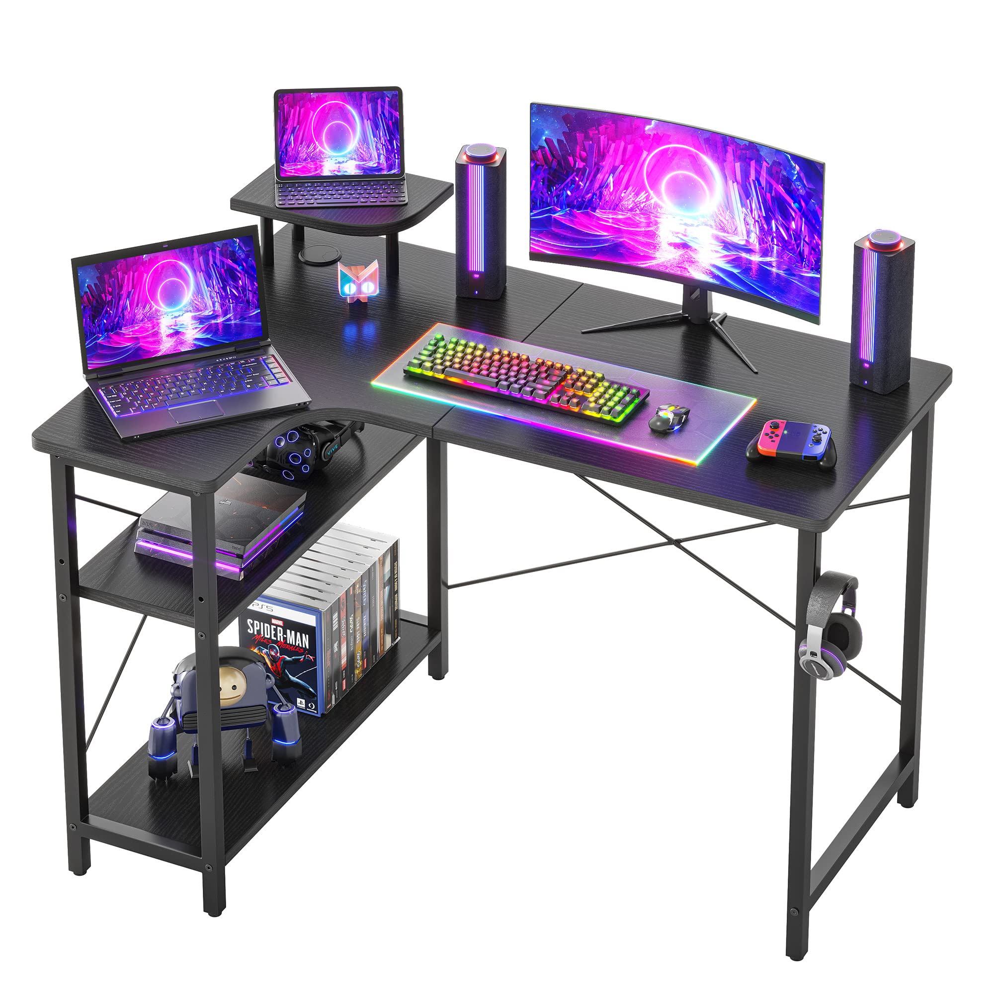 CubiCubi L-Shaped Desk, Computer Desk, 43.3 inches (110 cm), Width 43.3 inches (110 cm), Gaming Desk, L-Shaped Desk, Work Desk, Storage Rack, Corner Desk, Terrawork, Home Commute, Black, Left