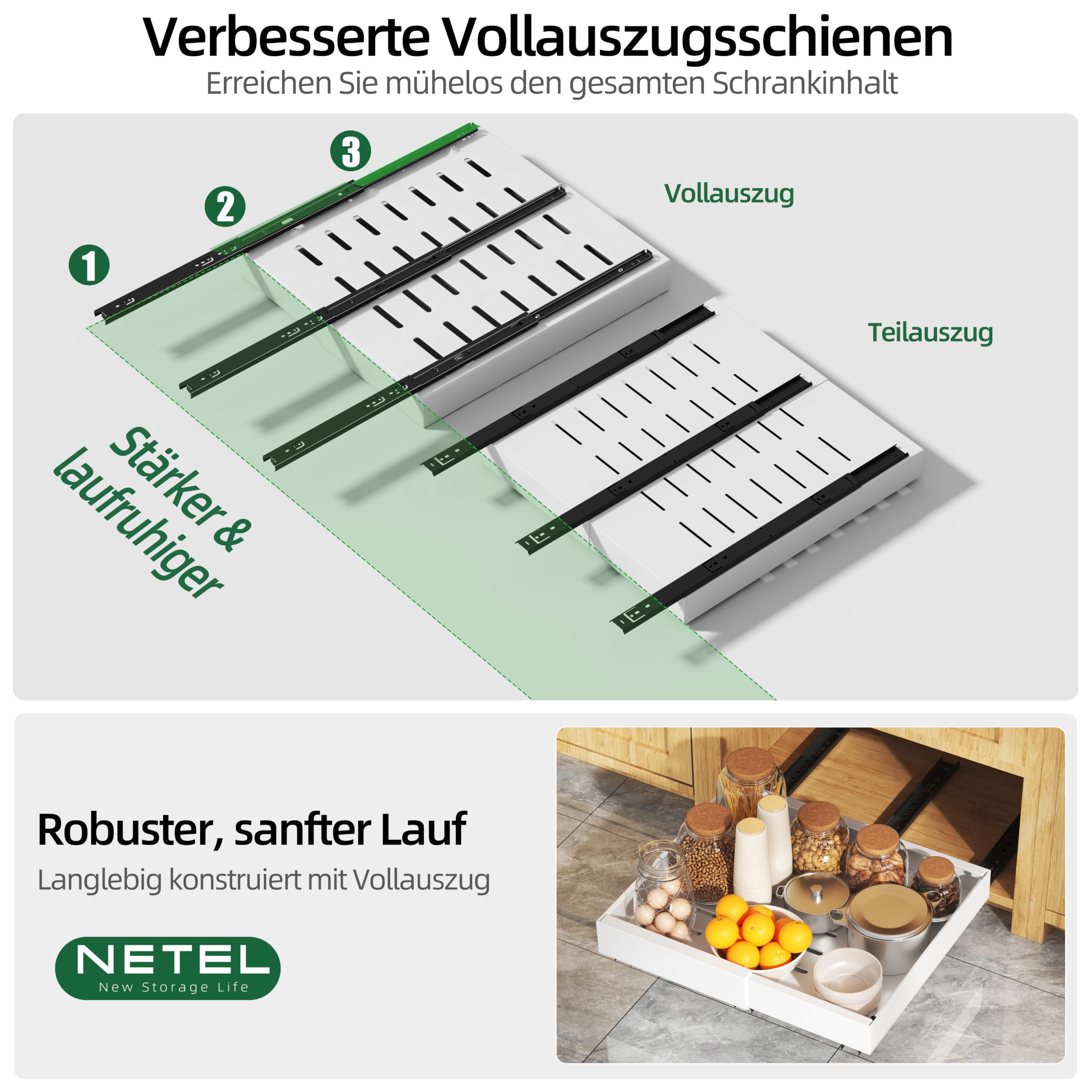 NETEL 2 Stück Teleskopschublade Ohne Bohren,ausziehbare schublade küche | schubladen organizer küche，küchenschrank organizer，telescopic drawer，Kleben oder Schrauben，32-52cm Breite, 50cm Tiefe，Weiß