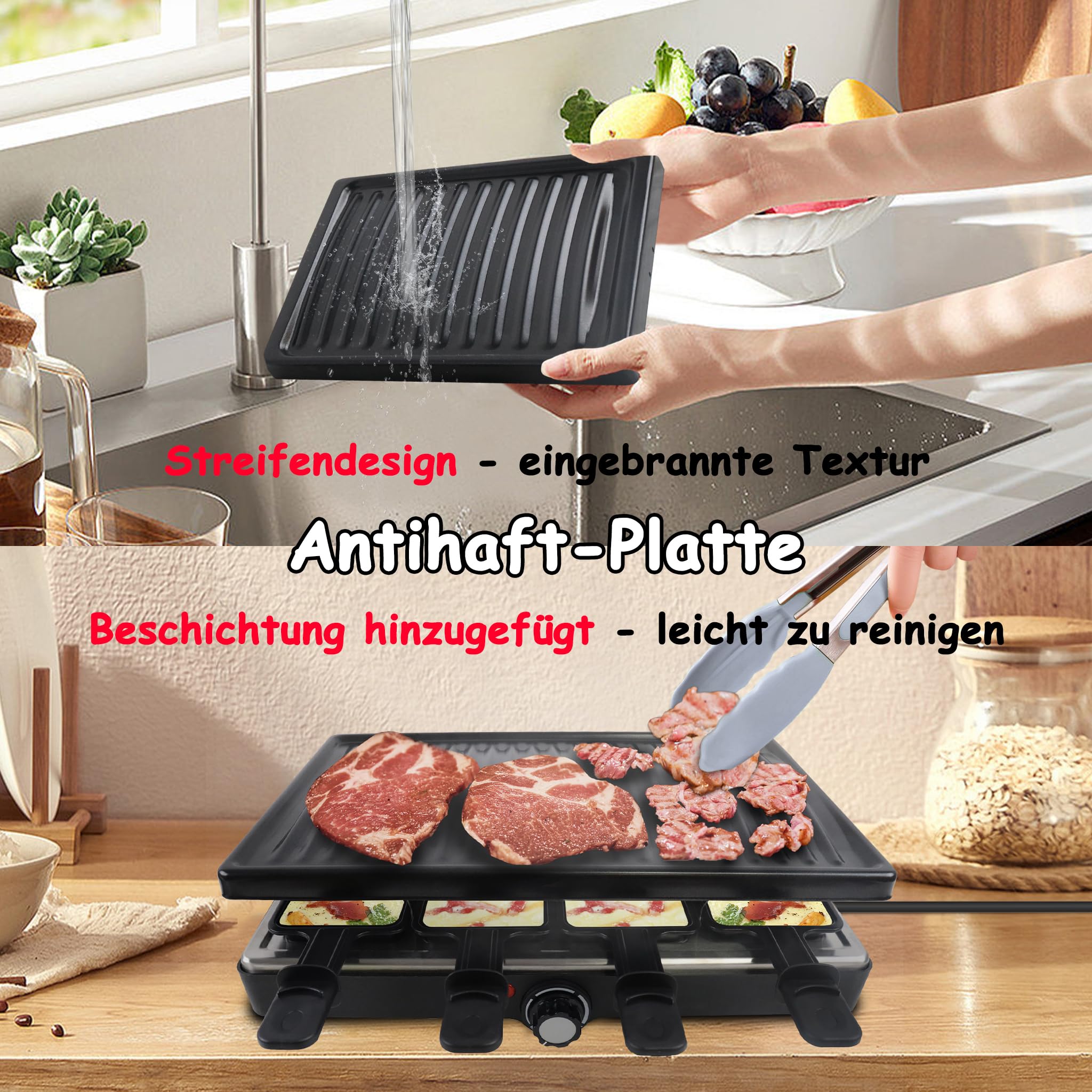 1400W Grill per Raclette per 8 Persone, Doppio Piano da Tavolo Antiaderente, con Piastra in Pietra, Piccole Tazze, Spatola in Legno e Cavo in Acciaio Inox, Elettrico per Feste e Campeggio