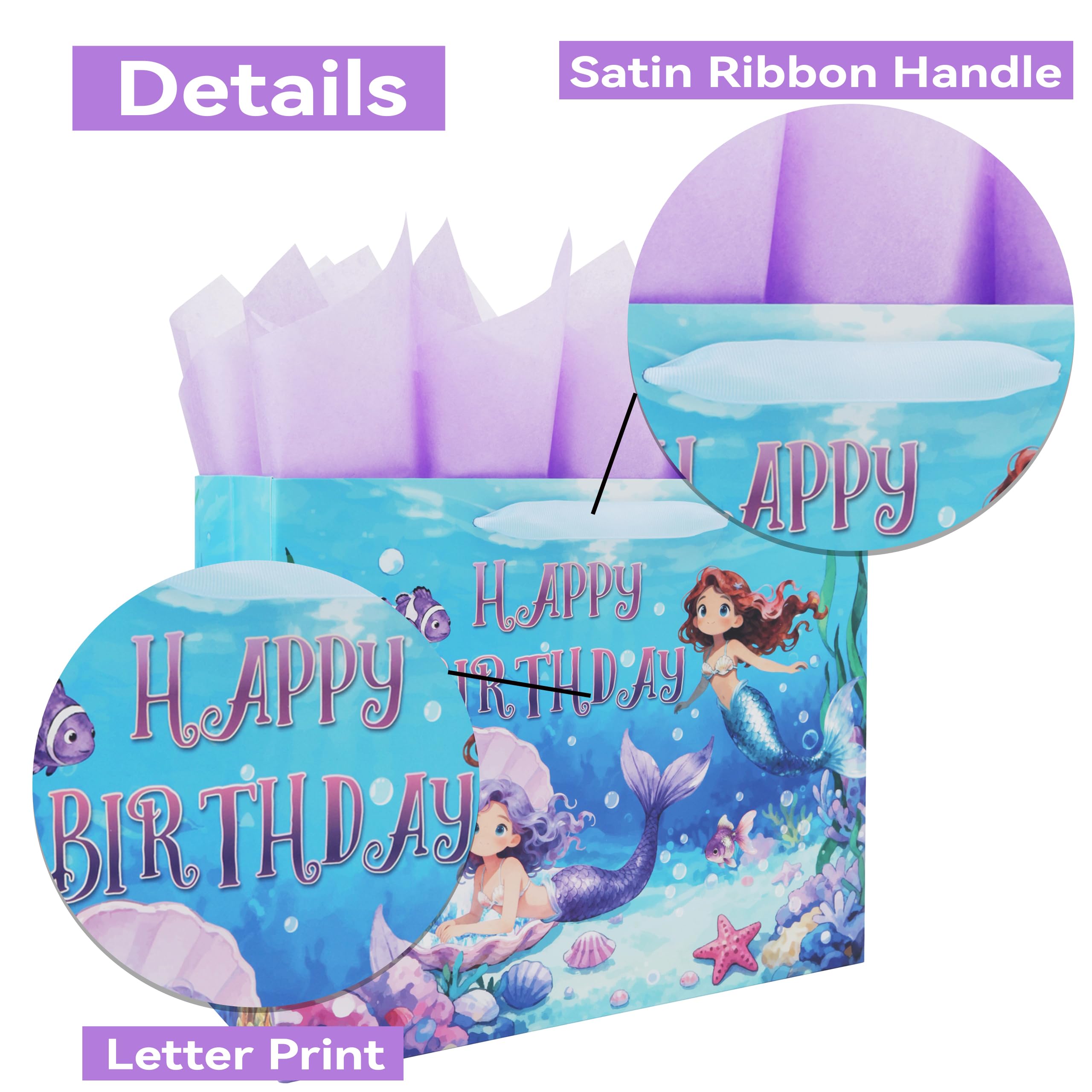 Qirrmiy 13'' Large Mermaids Birthday Gift Bag Set with Handles, Greeting Card, Purple Tissue Papers and Stickers for Kids Girls Women Teens for Birthdays, Mermaids Design, 1 Pcs