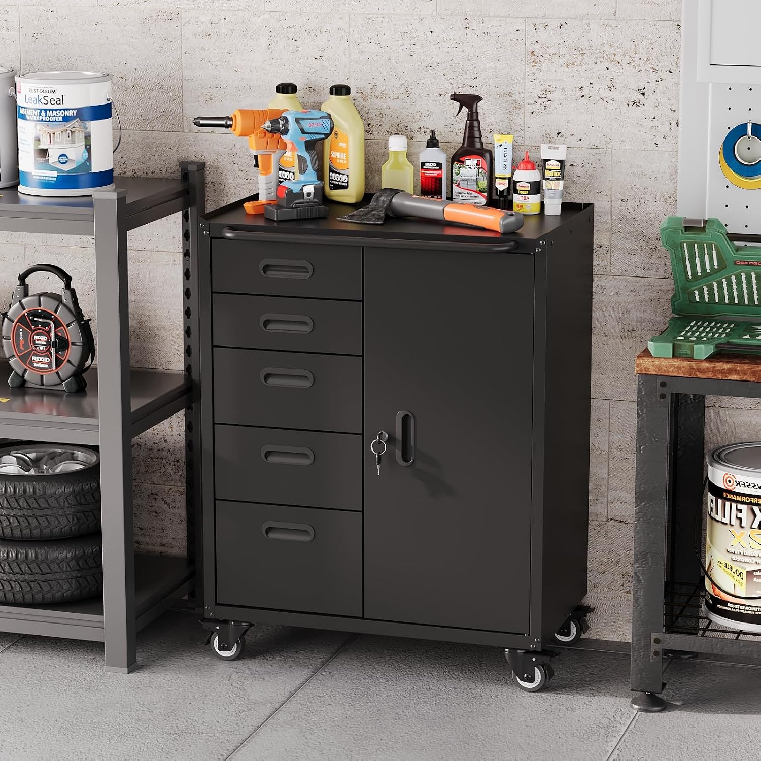 ROOMTEC Tool Chest with Wheels, Rolling Garage Storage Cabinet with 5 Drawers and 1 Door, Metal Tool Cabinet with Lock, Tool Box Chest for Garage, Workshop, Black