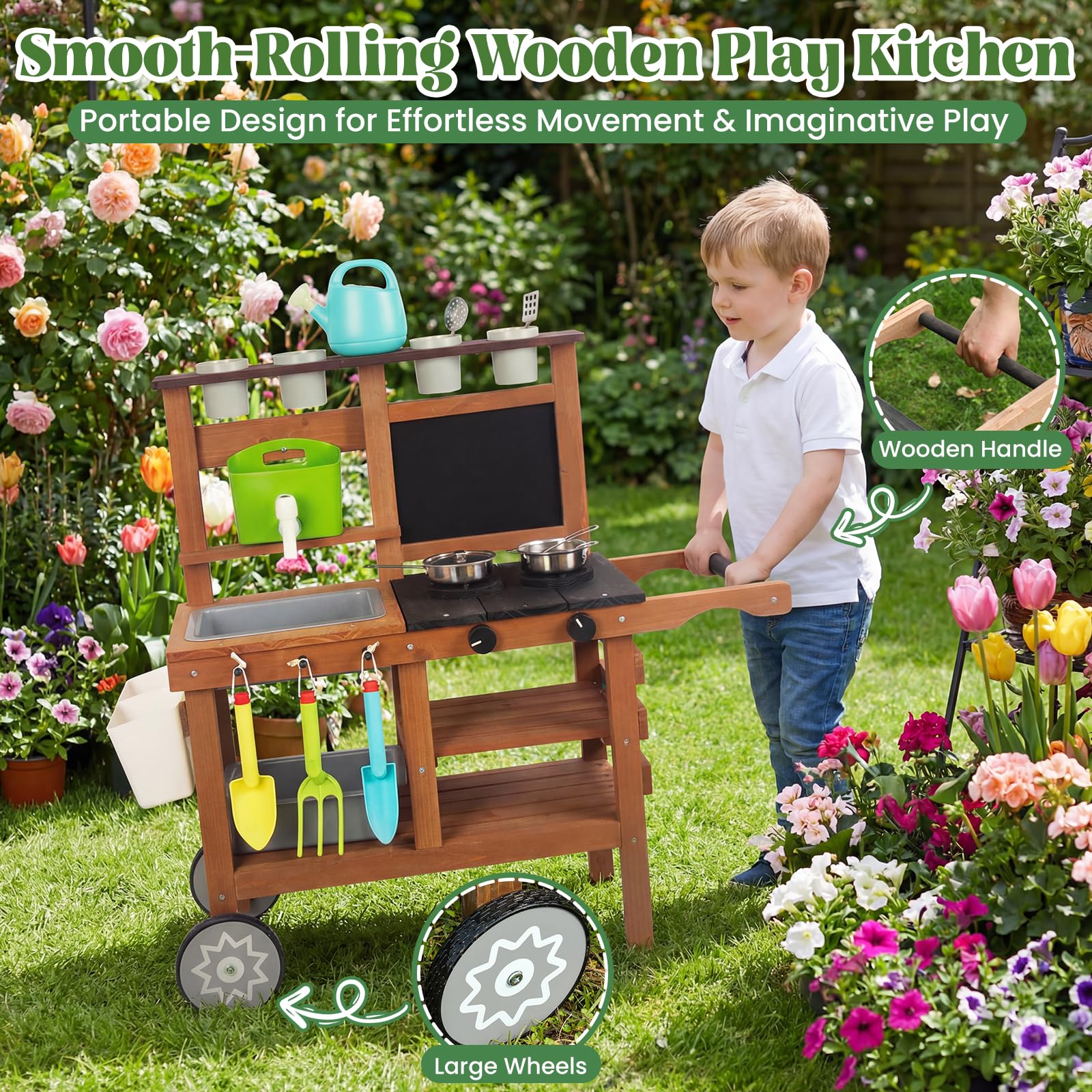 Cucina per bambini per attività all'aperto, giochi da giardino, cucina per bambini, per esterni, con ruote, bollitore, lavello, contenitore per piante in legno (marrone)