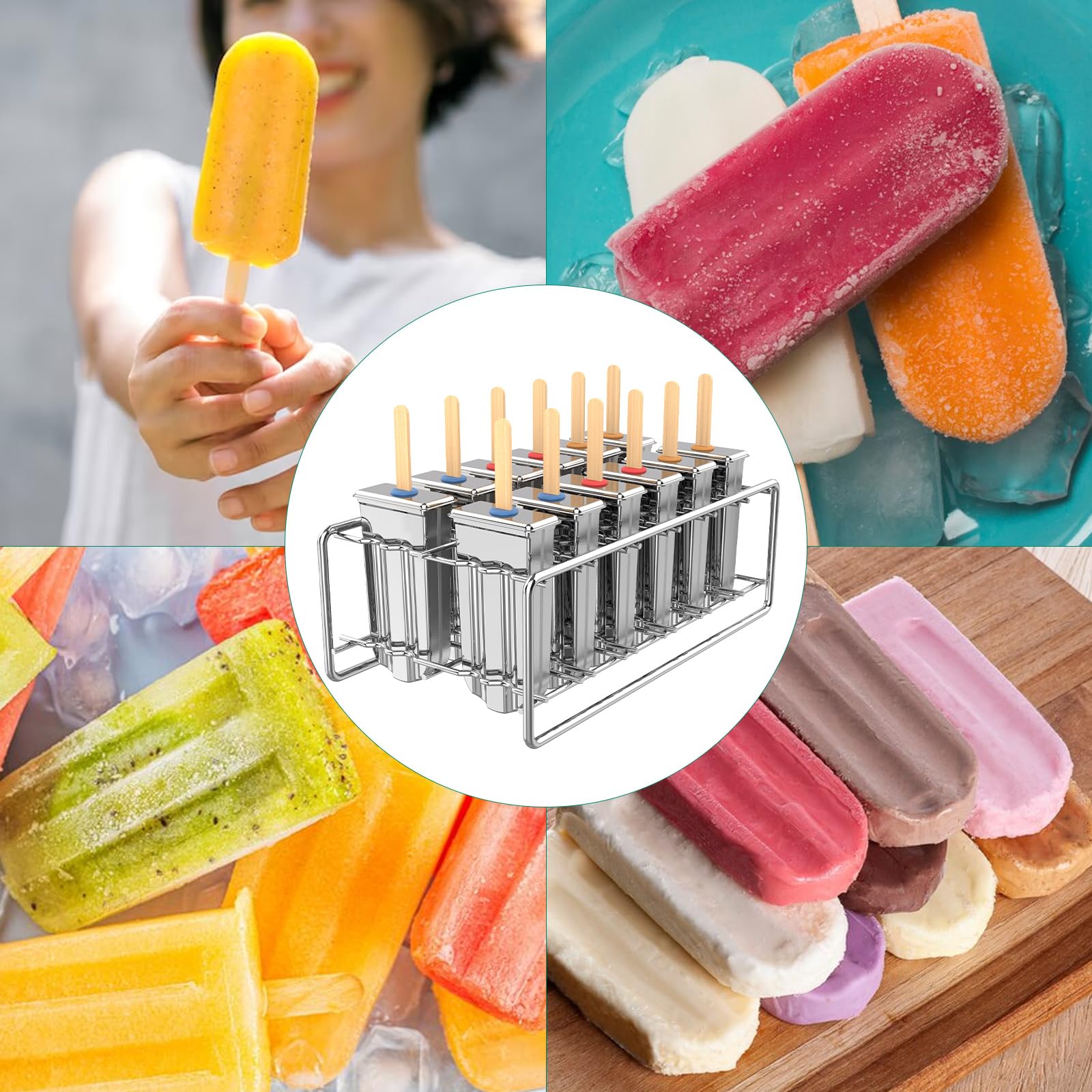 Paquete de 12 moldes para paletas de acero inoxidable, moldes caseros para polos de hielo con soporte, reutilizable, cabeza redonda, congelación rápida, con palos de madera y bolsas