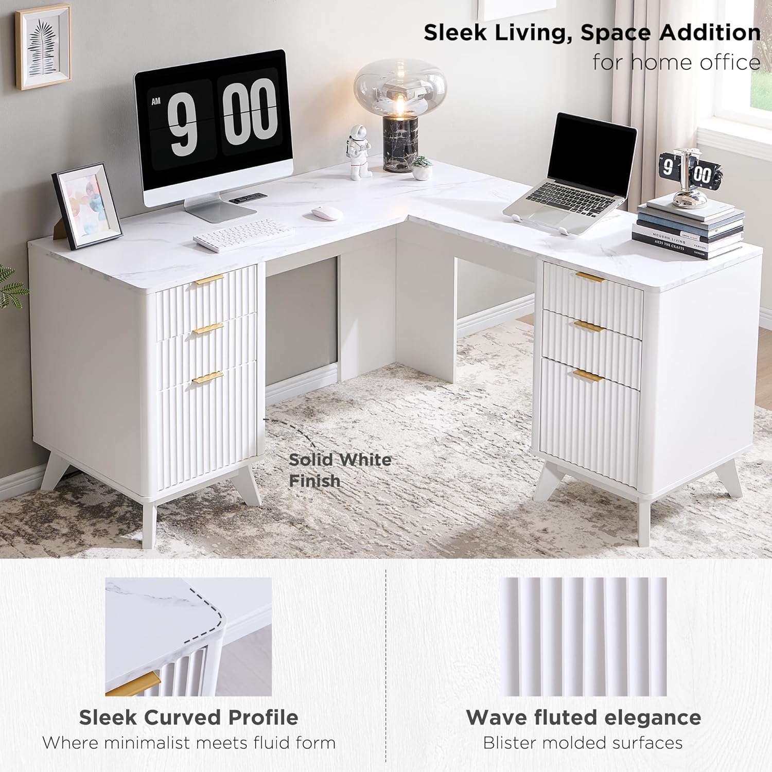 T4TREAM 60'' Fluted Executive L Shaped Desk, Modern Home Office Desk with Charging Station and File Drawer, Computer Corner Desks with Drawers & Storage Cabinet for Office Home, Bedroom,Solid White