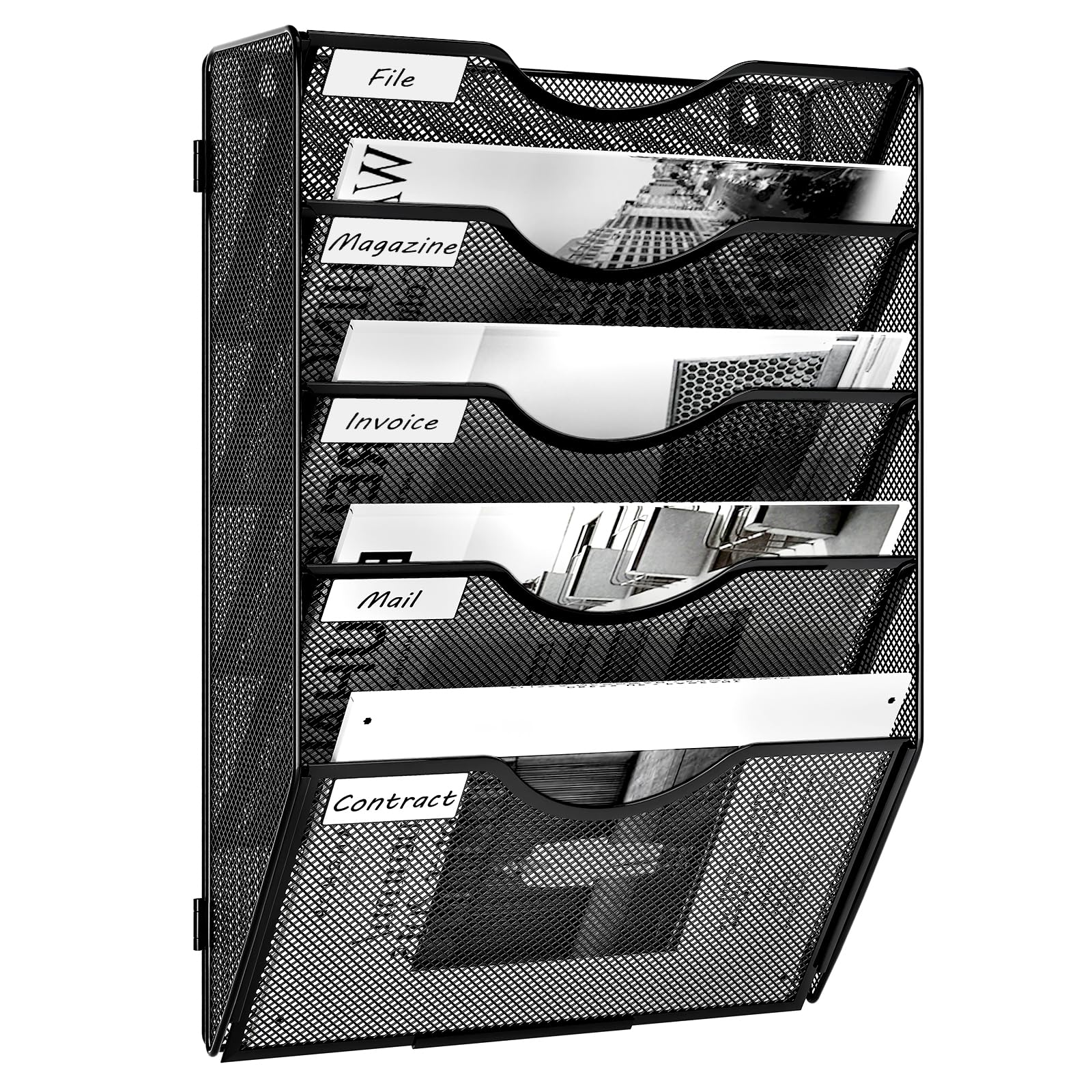 EasyPAG 5 Compartimento Metal Montar A4 Soporte Documentos Pared Oficina Archivador de Pared Organizador Revistas Correo Pared Almacenamiento Archivos Revistero,Negro