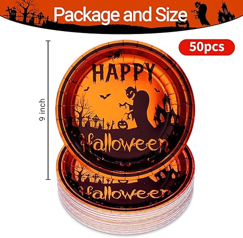 Miniatura 2 de BFUN Platos desechables de fiesta de Halloween, 50 unidades, platos de papel de 9 pulgadas con casa encantada de lámina dorada, fantasmas,