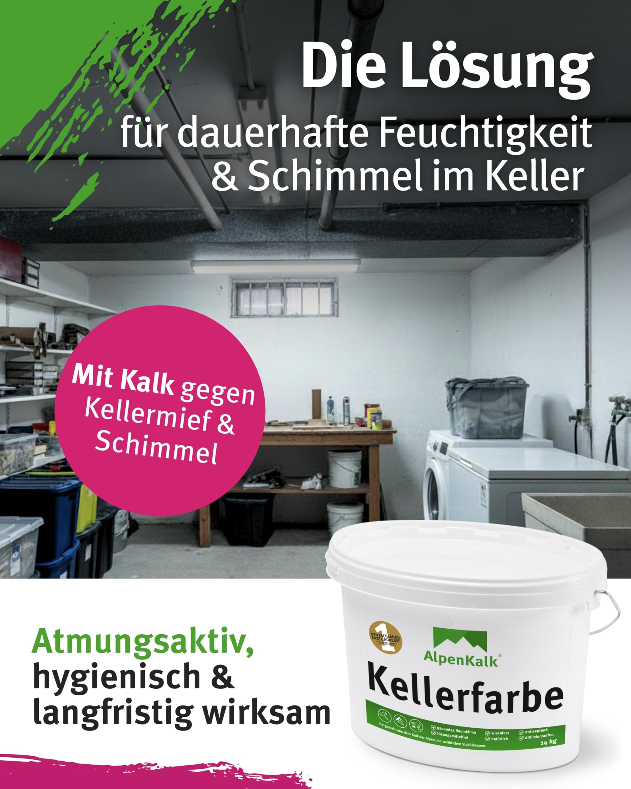 Weiße Kellerfarbe I 14 kg für ca. 70m² I Hochdeckende & wischfeste Kalkfarbe I Atmungsaktiv & Anti-Schimmel Formel für ein natürliches Raumklima I Perfekt für Keller & feuchte Innenräume