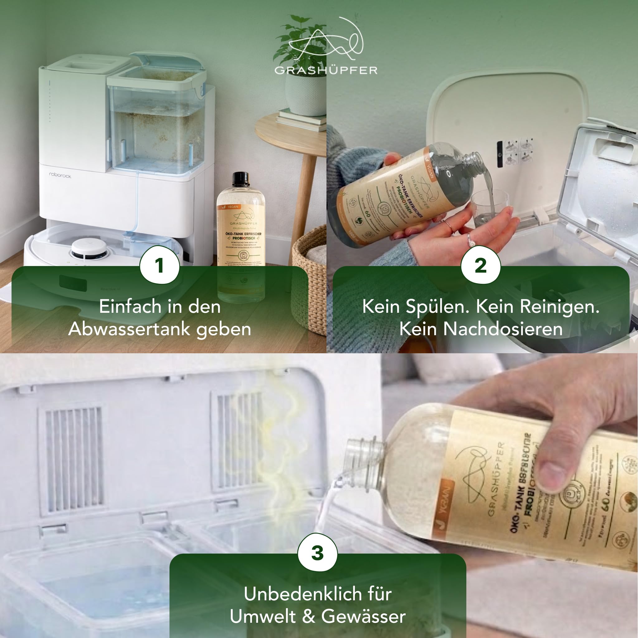 GRASHÜPFER® Deodorante ecologico per serbatoi di acqua sporca robot [probiotico] – Elimina gli odori di muffa nel serbatoio dell'acqua sporca biologicamente [profumo Toscana] – 1000 ml