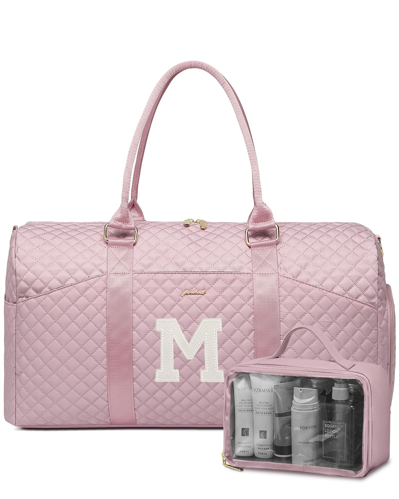 Women Weekender Travel Duffle Bag: Initial Duffel Overnight Bags with Shoe Compartment Large Carry on Tote with Toiletry Bag Weekend Traveling Yoga Gym Hospital Bag for Women with Wet Pocket Letter M