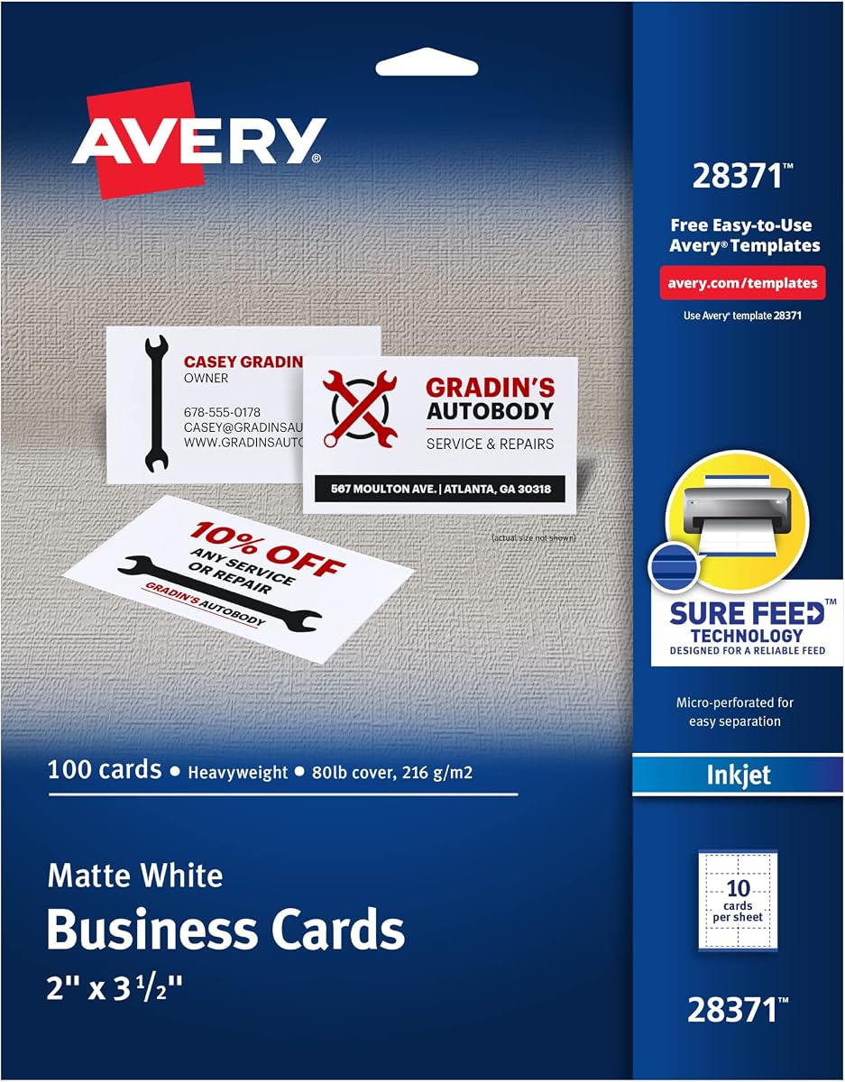 Avery Tarjetas de visita imprimibles con tecnología Sure Feed, 2" x 3,5", blanco, 100 tarjetas de visita en blanco, papel para impresora de inyección de tinta (28371)