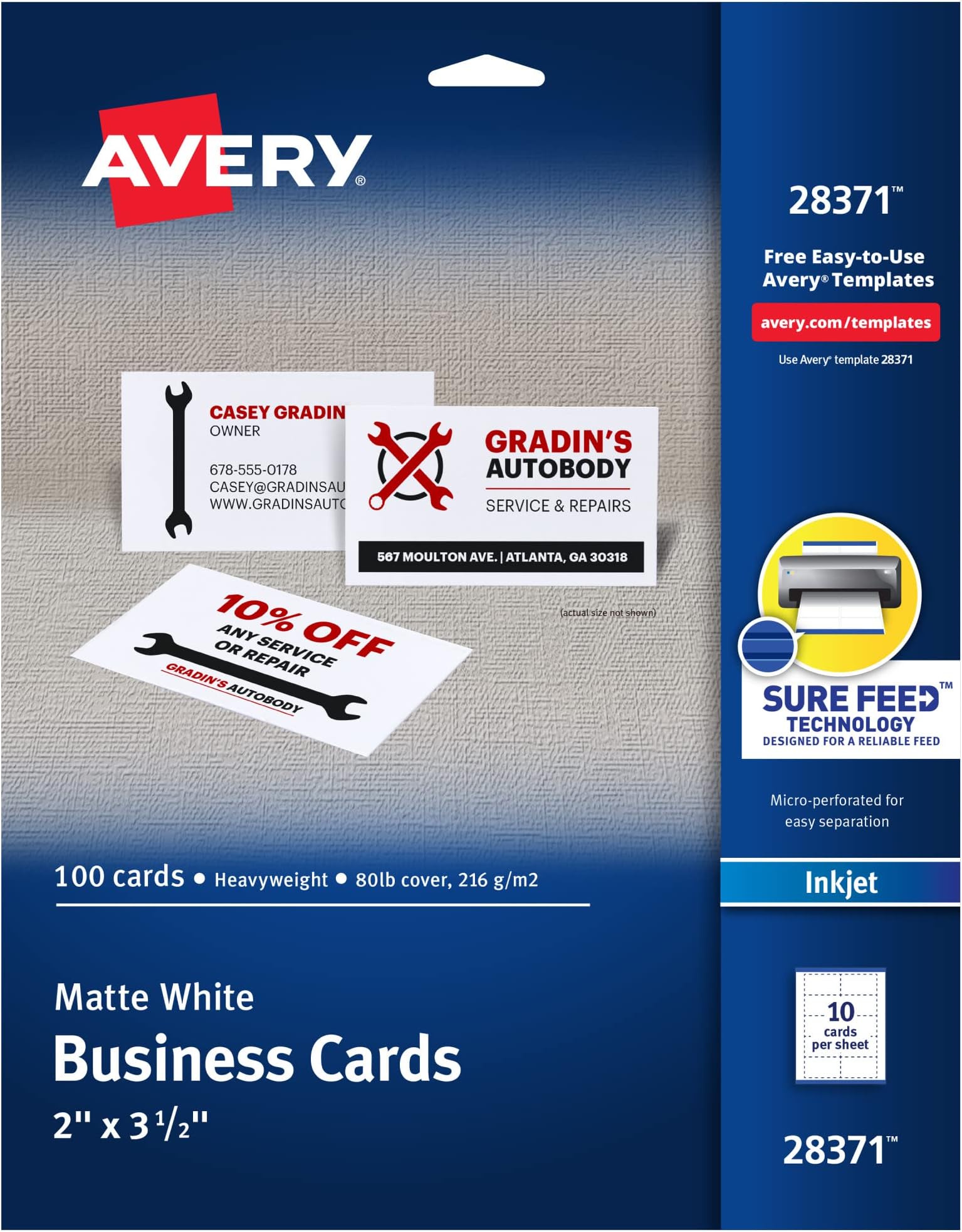 Avery Printable Business Cards with Sure Feed Technology, 2" x 3.5", White, 100 Blank Business Cards, Inkjet Printer Paper (28371)
