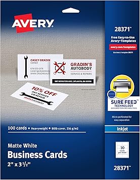 بطاقات عمل قابلة للطباعة من Avery مع تقنية التغذية المؤكدة ، 2 &times; 3.5 بوصة ، أبيض ، 100 بطاقة عمل فارغة ، ورقة طابعة نافثة للحبر 28371
