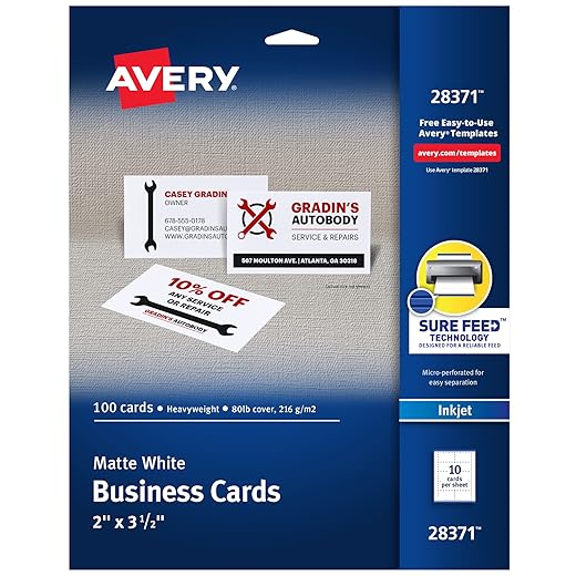 Avery Printable Business Cards with Sure Feed Technology, 2" x 3.5", White, 100 Blank Business Cards, Inkjet Printer Paper (28371)