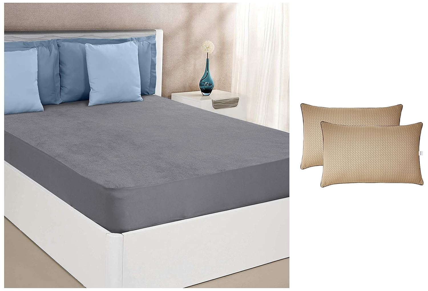 Amazon Brand – Solimo Water Resistant Cotton Mattress Protector 78″x60″ – Queen Size, Grey & Microfibre & Polyester 2-Piece Premium Bed Pillow Set, Microfibre, Brown, 43 X 69 X 17 Cm Amazon Brand – Solimo Water Resistant Cotton Mattress Protector 78″x60″ – Queen Size, Grey & Microfibre & Polyester 2-Piece Premium Bed Pillow Set, Microfibre, Brown, 43 X 69 X 17 Cm