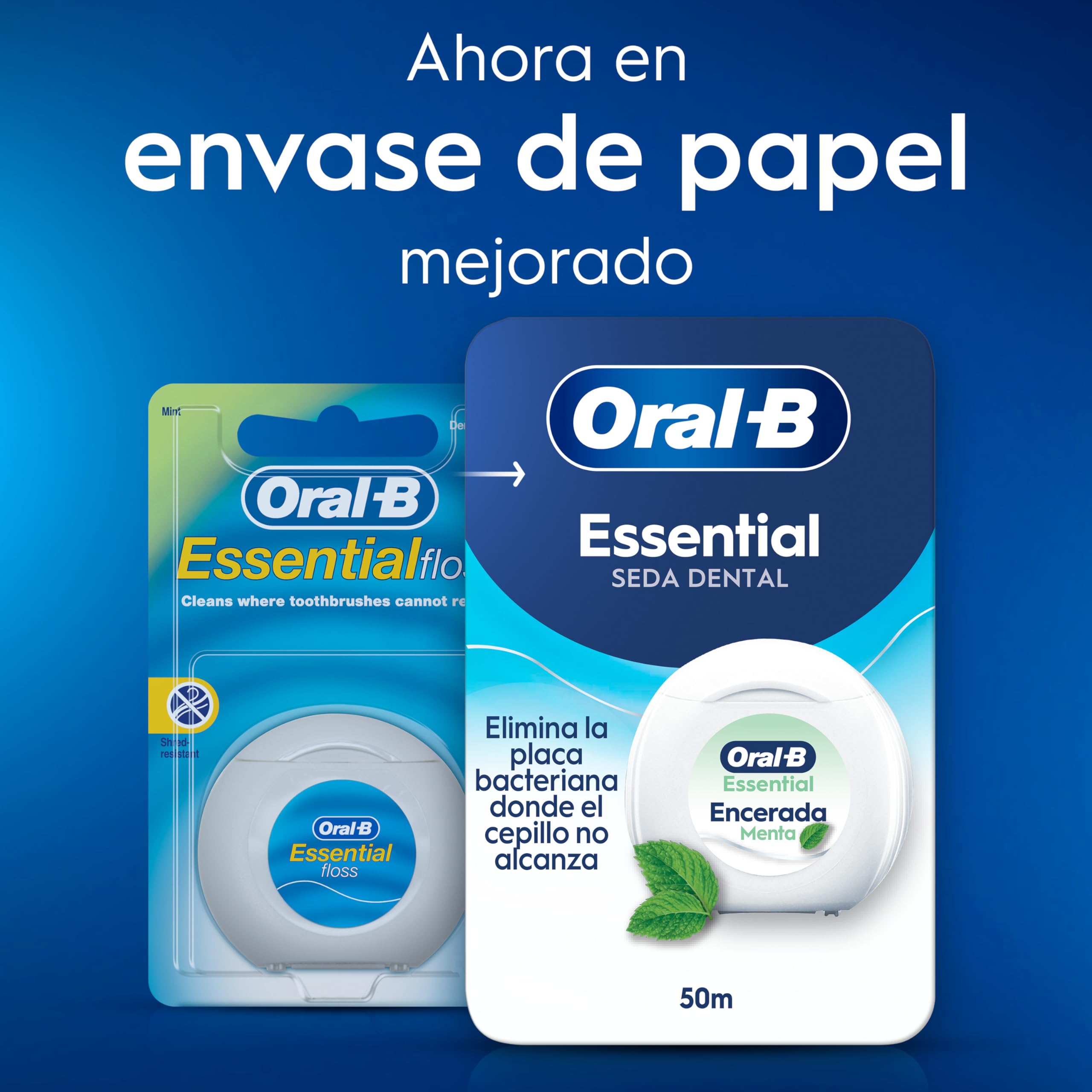 Hilo Dental Oral-B Essential Floss - Elimina la Placa - Seda Dental con Cera para Espacios Reducidos - Resistente al Desgaste - Sabor Menta [volumeloc]]m Roll — view 6