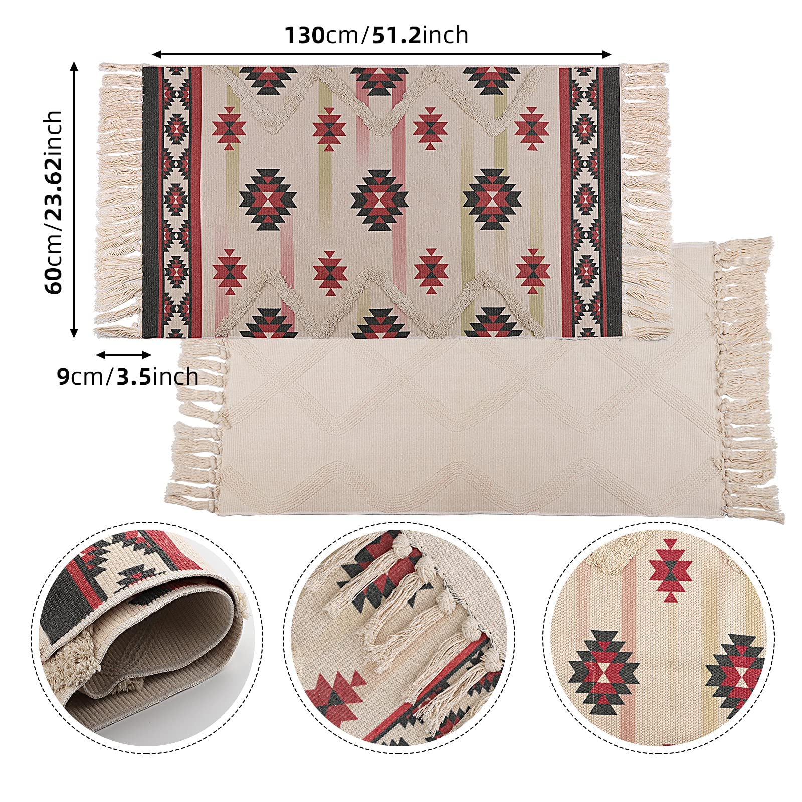 Dywan obszarowy, bawełniany dywan podłogowy Boho, tuftowany duży dywan obszarowy z frędzlami Ręcznie tkane dywaniki dekoracyjne do salonu Wystrój sypialni (Sintra 60 x 130 cm)