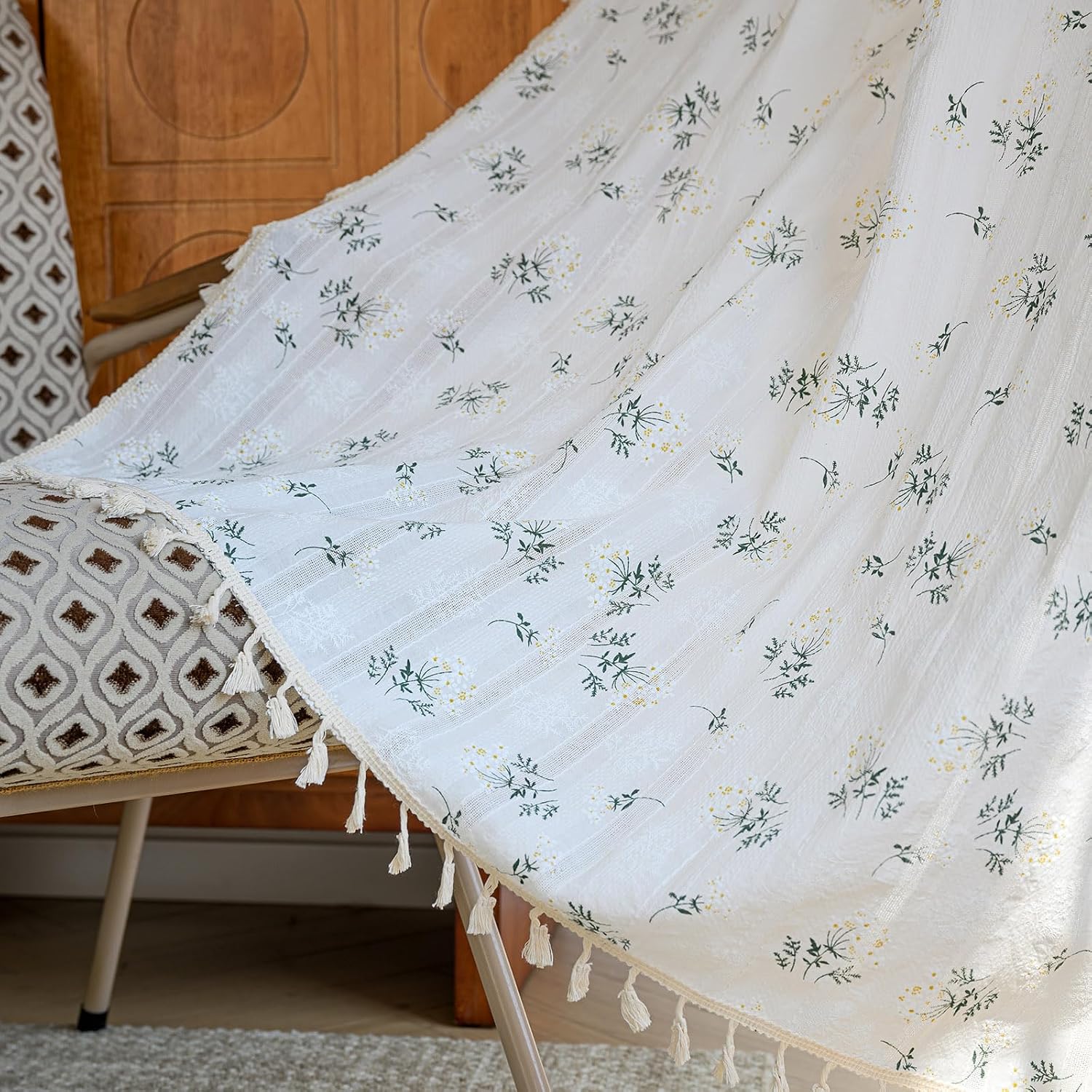 ROOMLIFE White Floral Curtains for Bedroom 63 Inches Long 2 Panels Rod Pocket, Light Filtering Privacy French Country Patterned Curtains for Living Room Drapes Window Treatments with Tassels