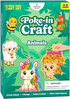 Poke-In - Kit de animales de manualidades para niños de 4 a 9 años, juego de arte Poke It sin desorden con 9 animales de espuma y más de 1000 cuadrados de tela para niñas, niños y niños pequeños - Kit