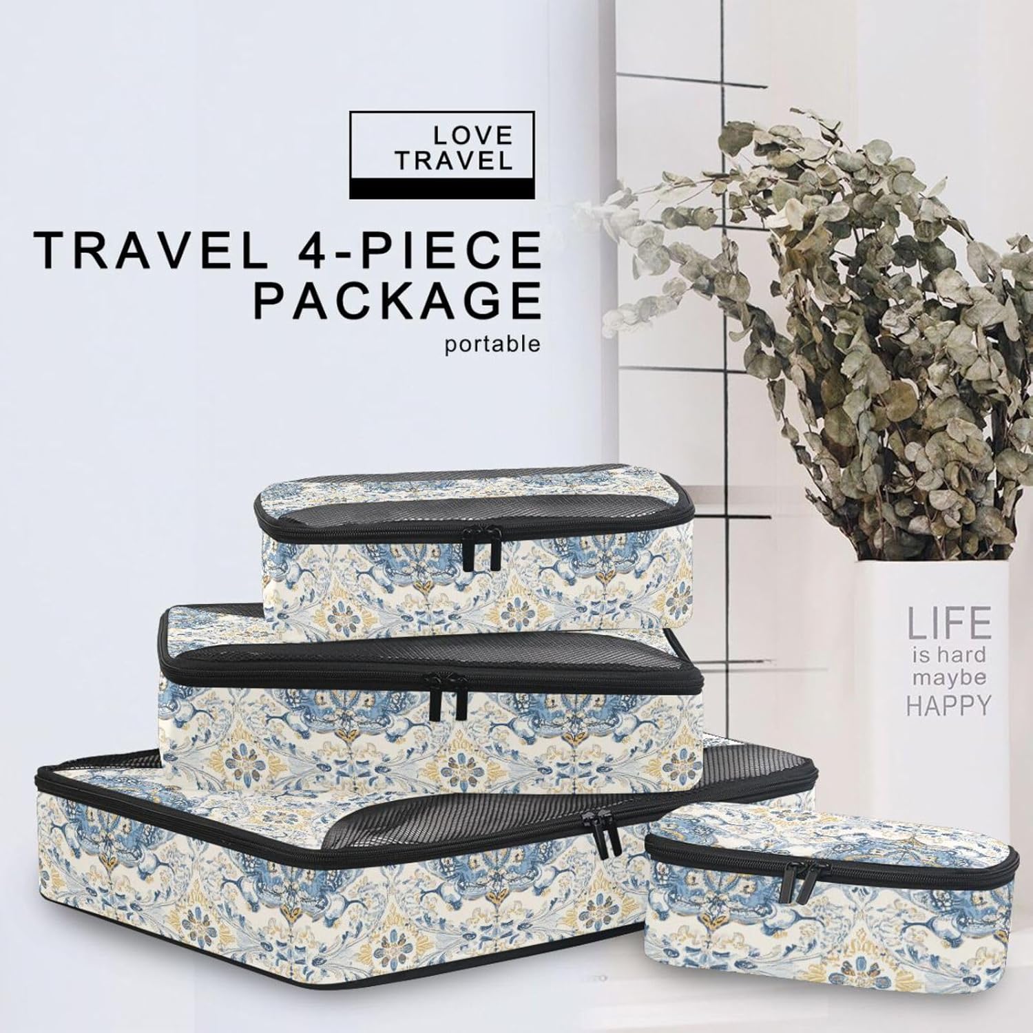 4 Pcs set organizers and storage Mesh Travel Essentials Paisley Glory Blue Seamless Picture Seamless Pattern expandable travel packing cubes