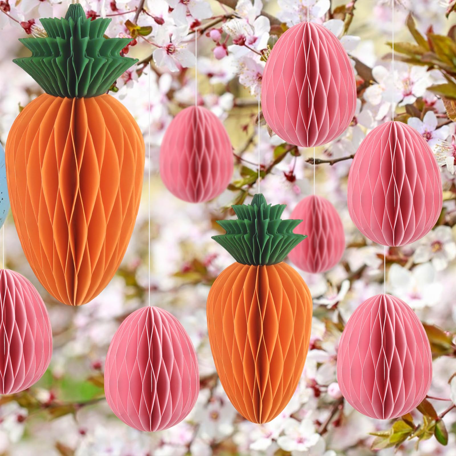 JINXIAN 10 Pack Honeycomb Decorations Easter Tree Have Carrot/Easter Egg Paper Flowers for Crafting Reusable for Birthday Wedding Easter Party Hanging Decorations