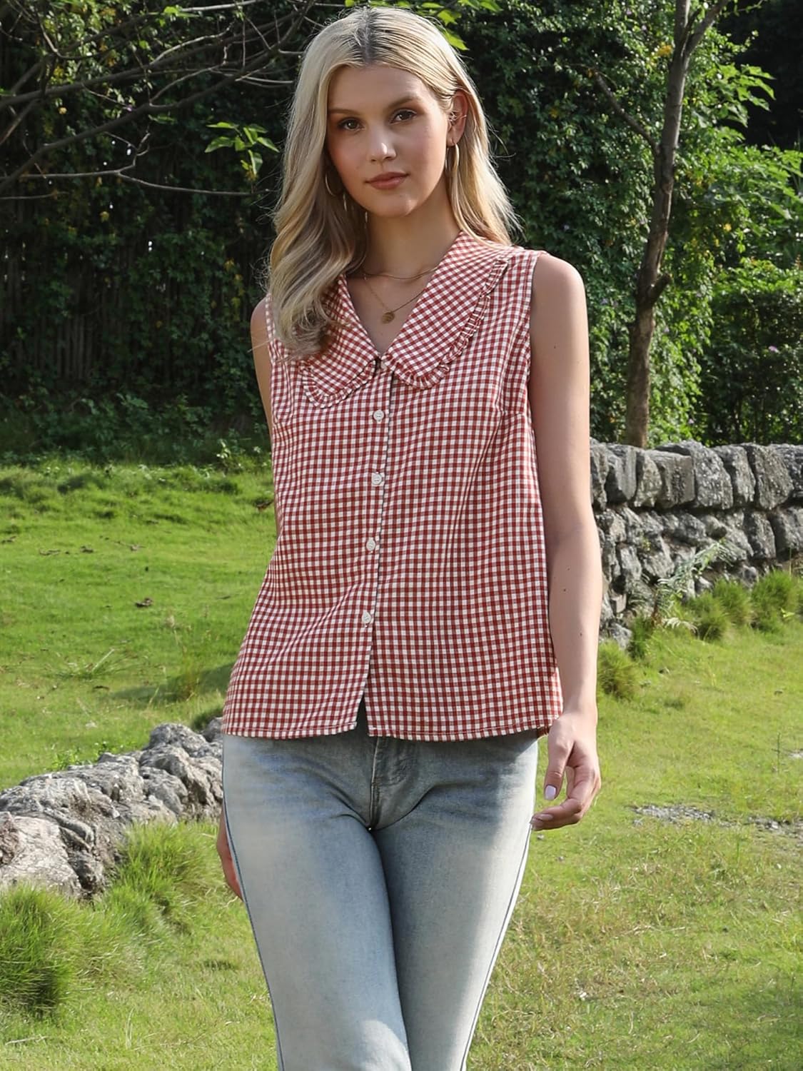 Allegra K Cute Gingham Sleeveless Tops for Women's Peter Pan Collar Ruffled Trim Button Down Blouse - Image 3