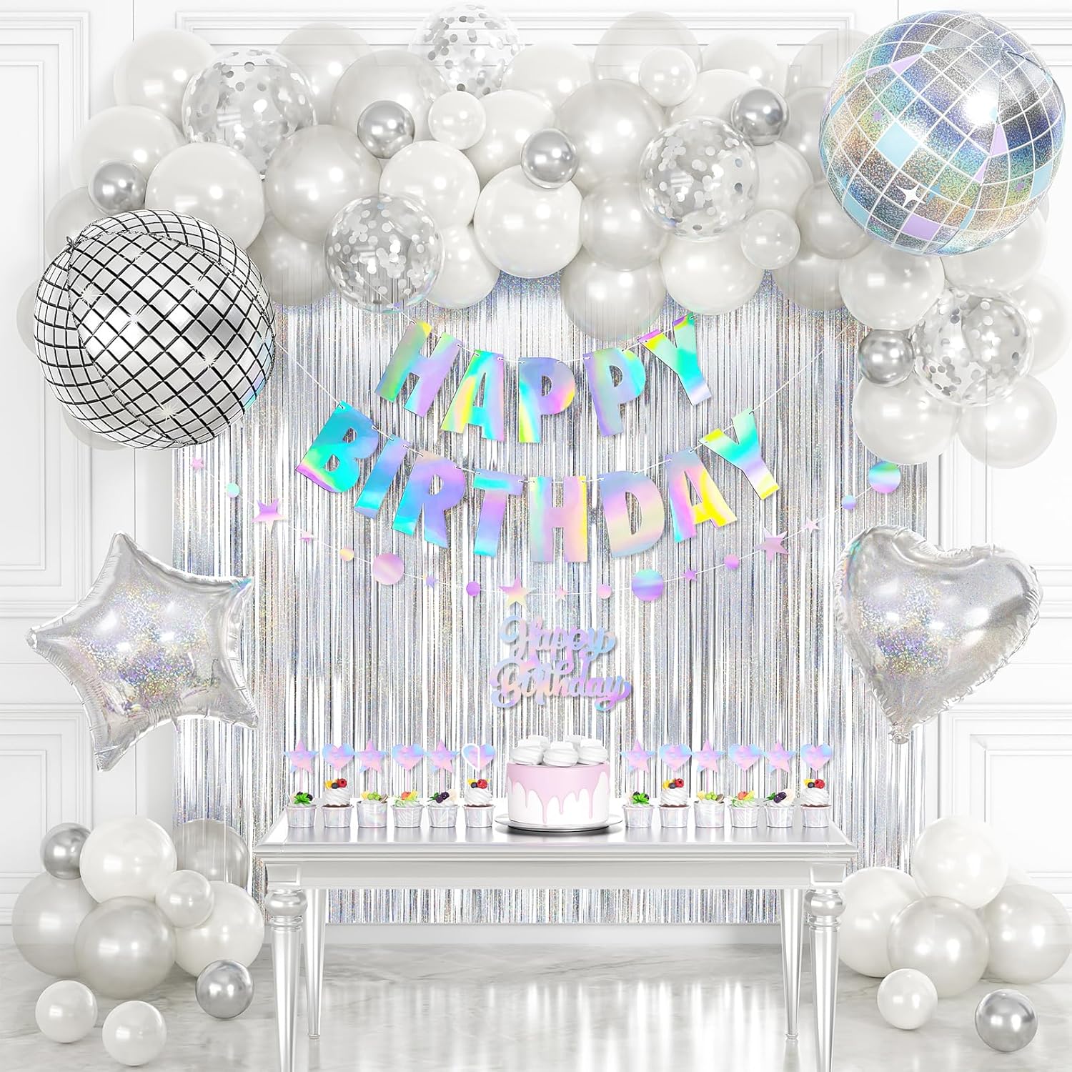 Disco Party Decorations, Iridescent Happy Birthday Star Hanging Banner Cake Topper, Disco Ball Heart Foil Balloons Silver White Confetti Balloon Fringe Curtain for Groovy Birthday Party Decoration