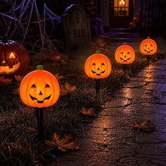 Konictom Halloween Pumpkin Pathway Lights with Stakes, 4-Piece Set