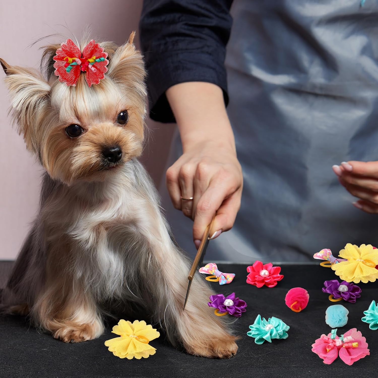 100 Pcs Assorted Dog Hair Bows for Small Size Dog Pet Bows with Rubber Band Bulk for Puppy Yorkie Hair Accessories