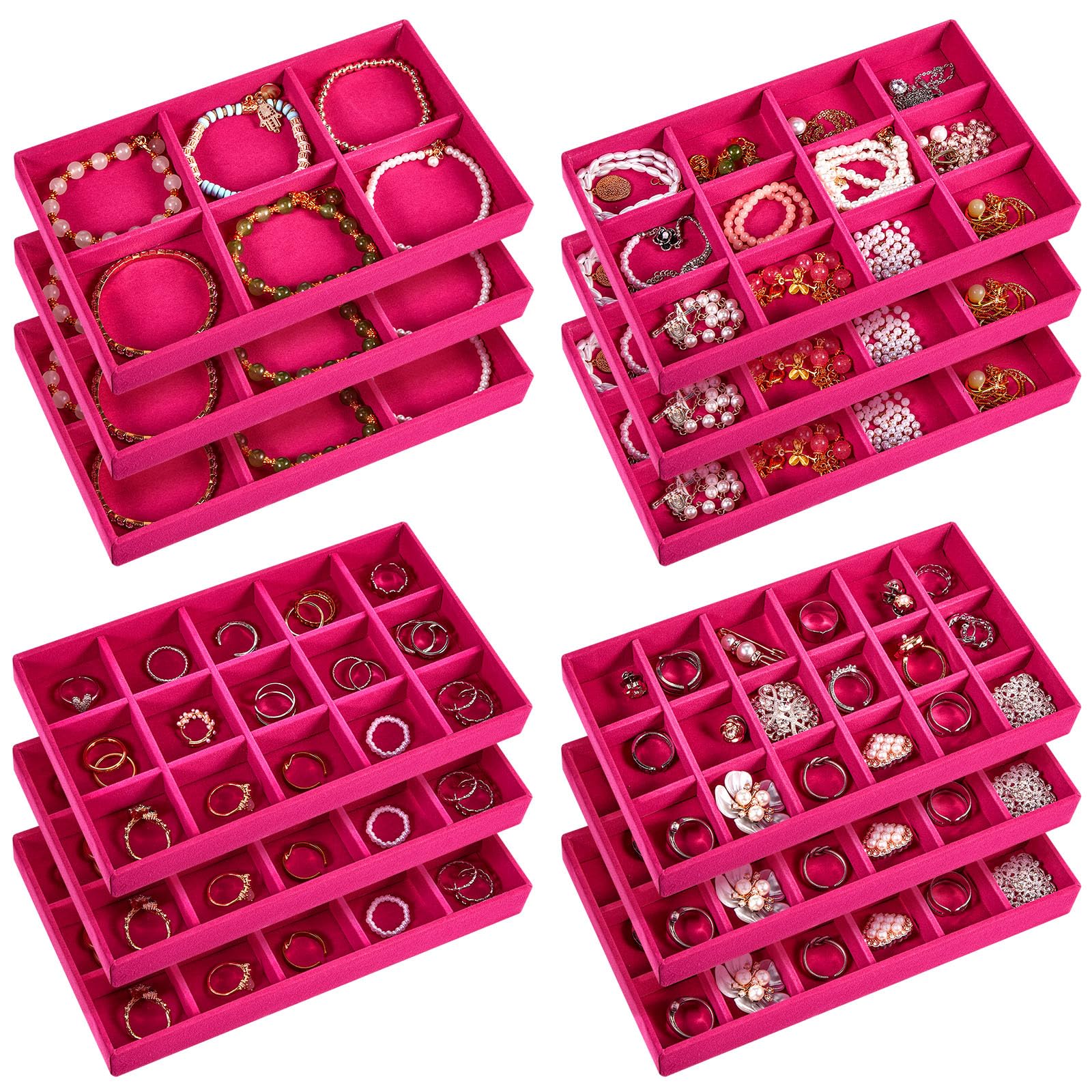 Plateaux à bijoux empilables en velours rose rouge pour boucles d'oreilles et bagues Junkin