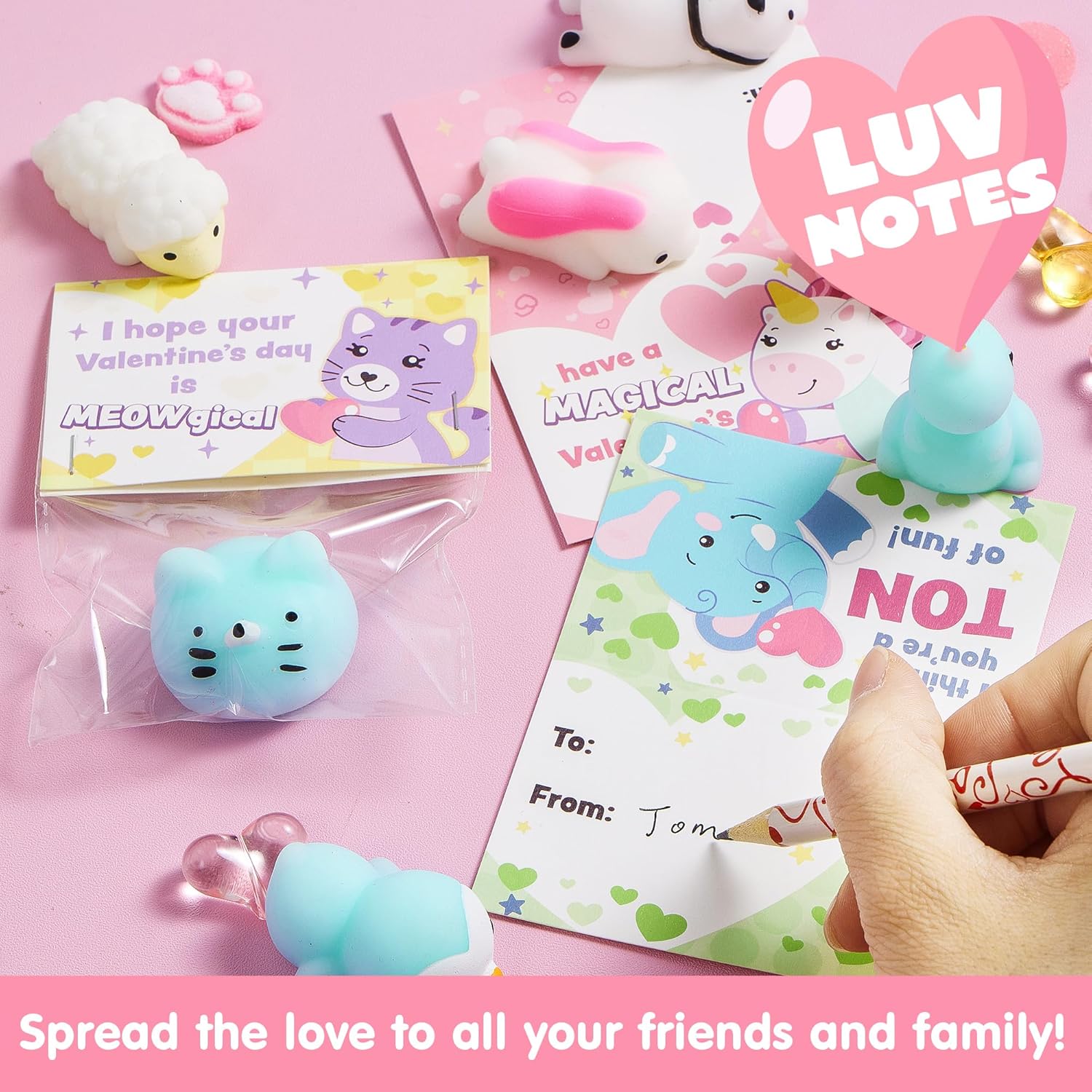 JOYIN 28 Packs Valentine’s Day Gift Cards with Mochi Squishy Toys, 14 Design Kawaii Animal Mochi Squishy Toys, Stress Relief Fidget Toy for Kids Party Favors, Classroom Gift Exchange Prize
