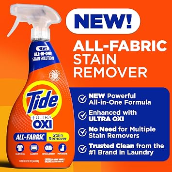 Tide Laundry Stain Remover Spray with Oxi | Stain Remover for Clothes, Carpet, Upholstery, Pet Bedding, More | Stain Treater Spray for Tough Stains from Wine, Coffee, Grease | 22 Fl Oz (Pack of 4)