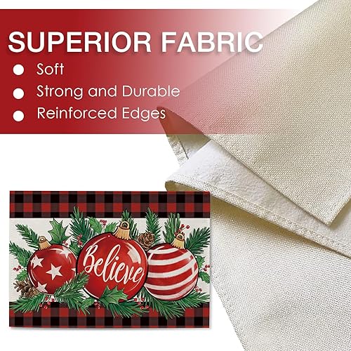 Miniatura 3 de Seliem Juego de 4 manteles individuales con adornos de bola de Navidad, rojo y negro, búfalo a cuadros Believe, para mesa de comedor, conos de pino
