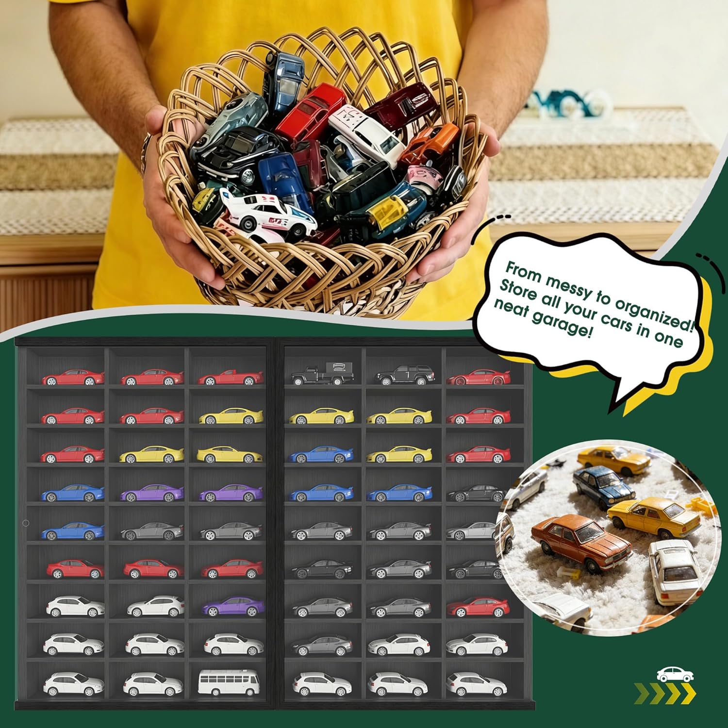 Model Cars Display Case 24 x 17 in, Holds 54 Fits 1/64 Scale Toy car Storage Organizer,Wall-Mounted Toy Shelf Display Storage, Collapsible Wooden Box with 2 Acrylic Cover Plates (Only Box)