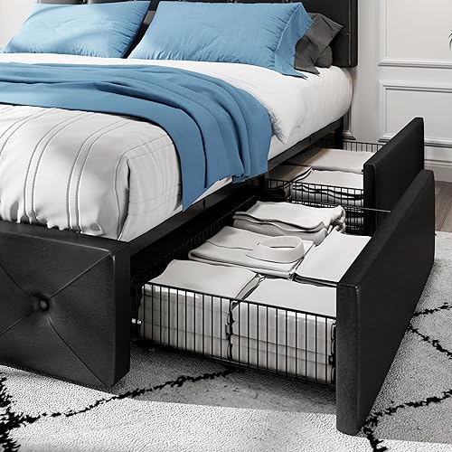 Miniatura 23 de HOOMIC Base de cama de almacenamiento de plataforma de tamaño matrimonial con 4 cajones y cabecera ajustable, listones de madera, no necesita Negro,