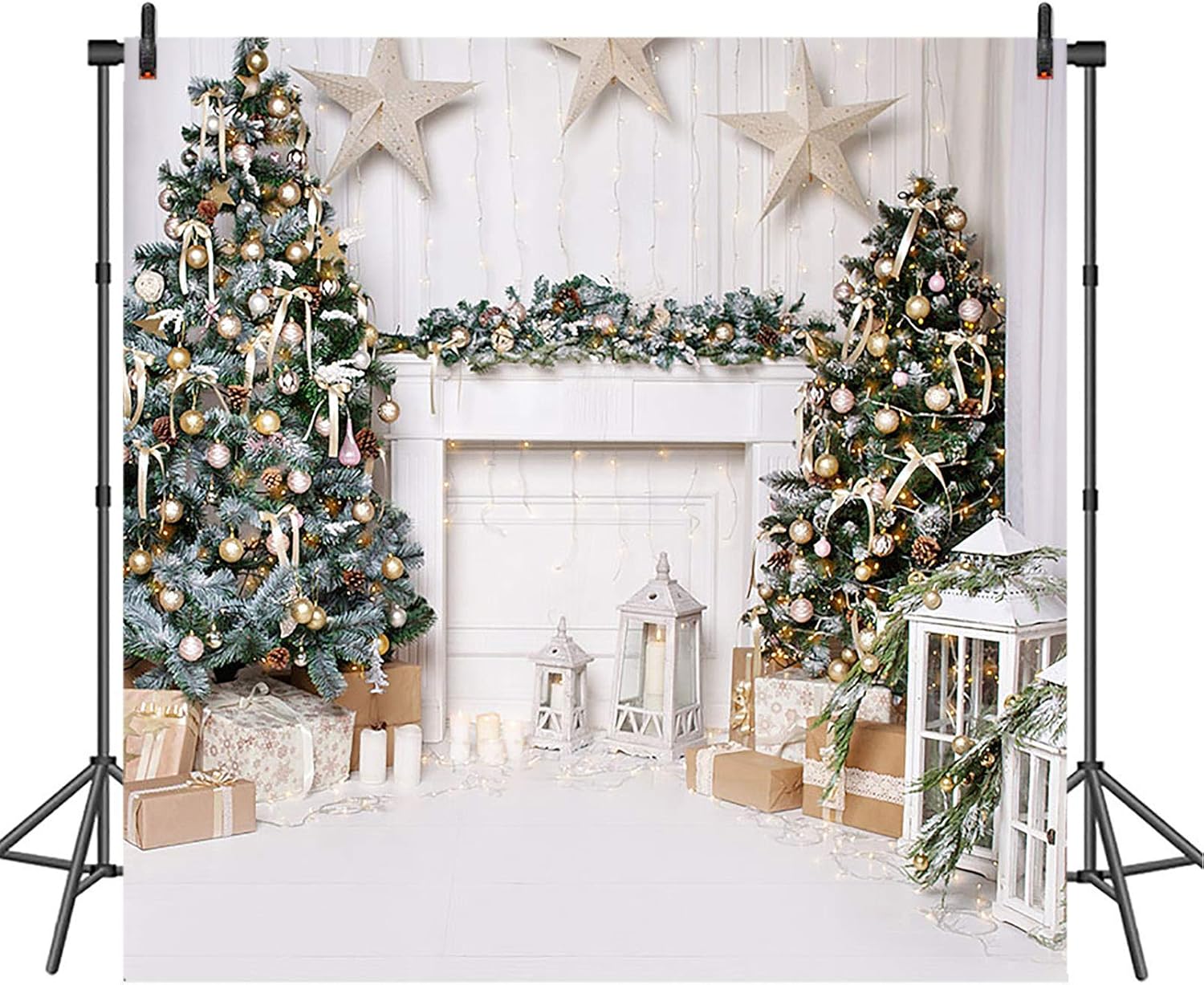 Avezano Christmas Photography Backdrop for Children Kids Portrait Phootshoot Indoor White Fireplace Wood Floor Xmas Background for Photo Studio Props (8x8ft)
